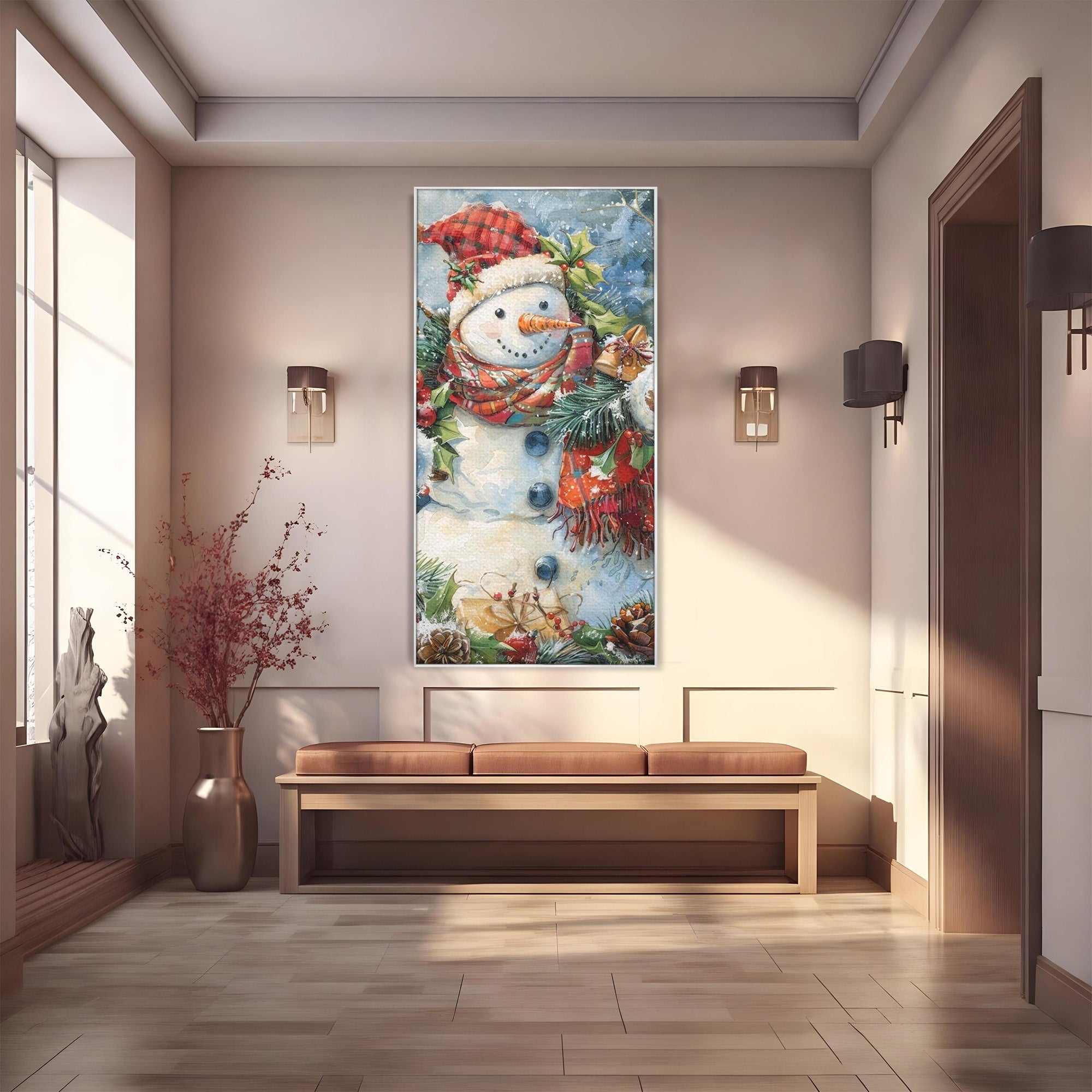 Tablou Canvas Premium LuxCanva® PI1082, Omul De Zapada, Iarna, Craciun, Fular, Rosu, Decoratiuni, Living, Sarbatori, Culori Vibrante