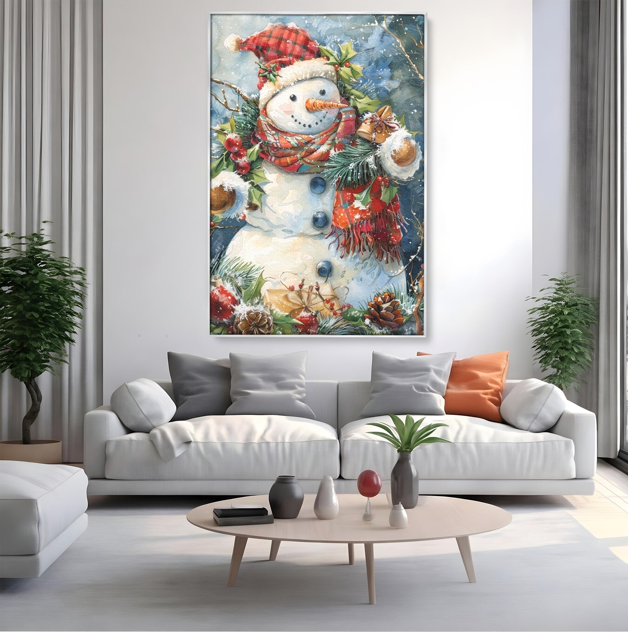 Tablou Canvas Premium LuxCanva® PI1082, Omul De Zapada, Iarna, Craciun, Fular, Rosu, Decoratiuni, Living, Sarbatori, Culori Vibrante