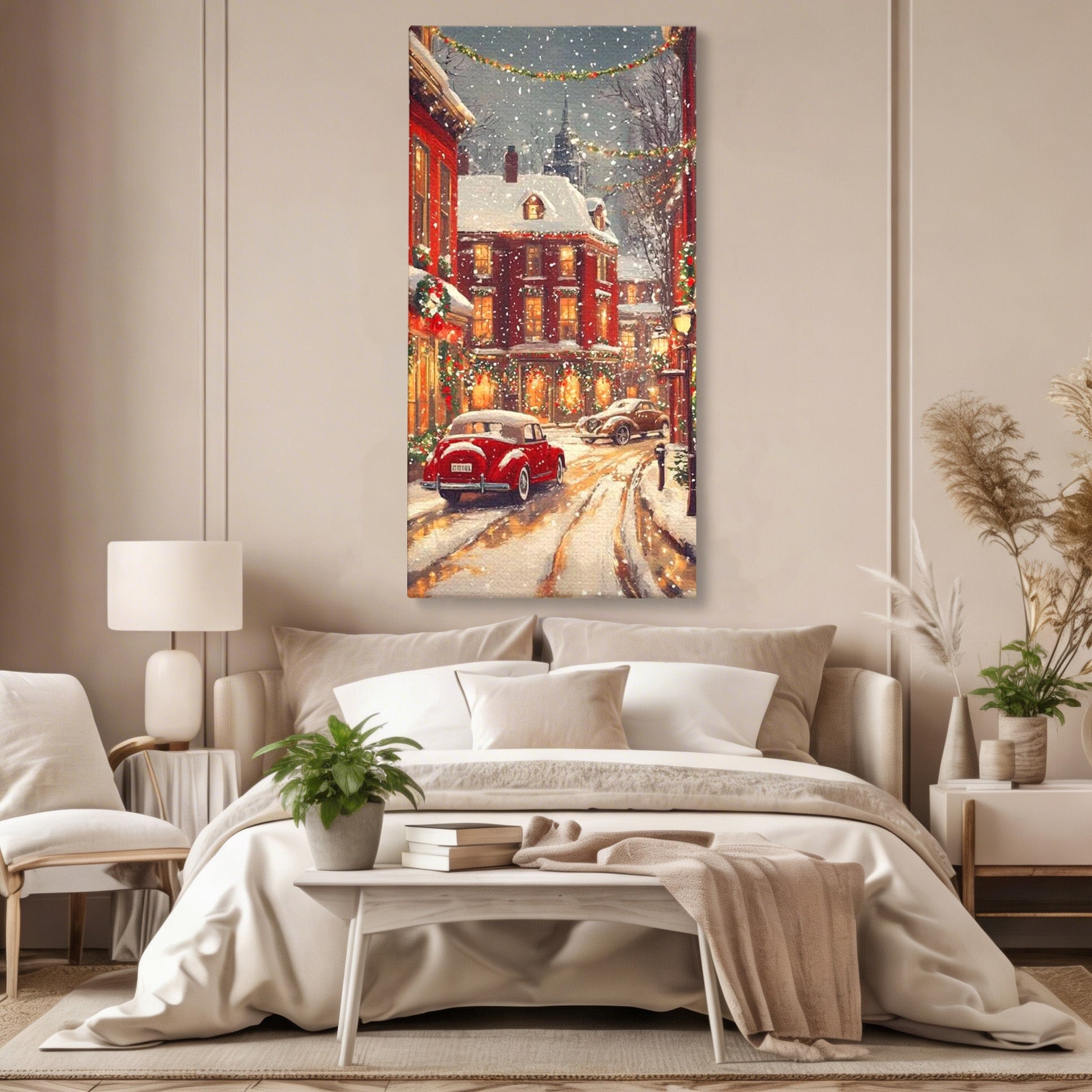 Tablou Canvas Premium LuxCanva® PI1083, Oras De Craciun, Strazi, Iarna, Masina, Ninsoare, Peisaj Urban, Living, Culori Vibrante