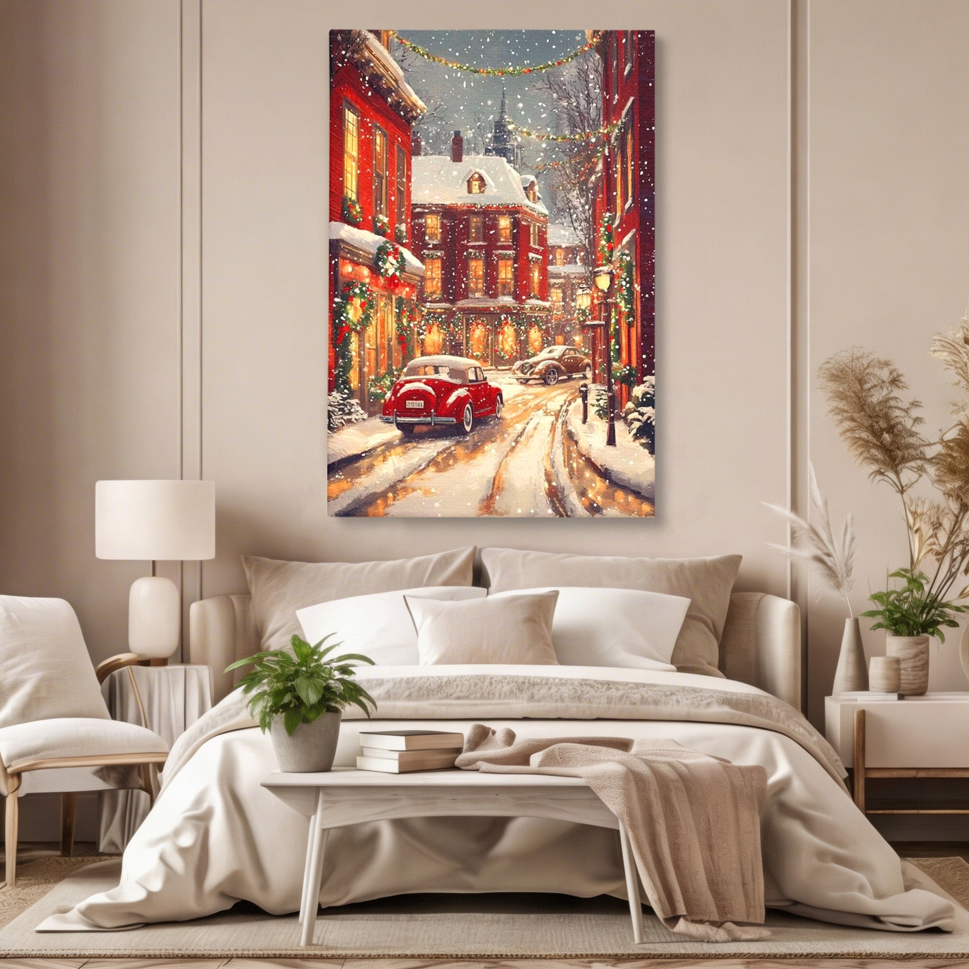 Tablou Canvas Premium LuxCanva® PI1083, Oras De Craciun, Strazi, Iarna, Masina, Ninsoare, Peisaj Urban, Living, Culori Vibrante