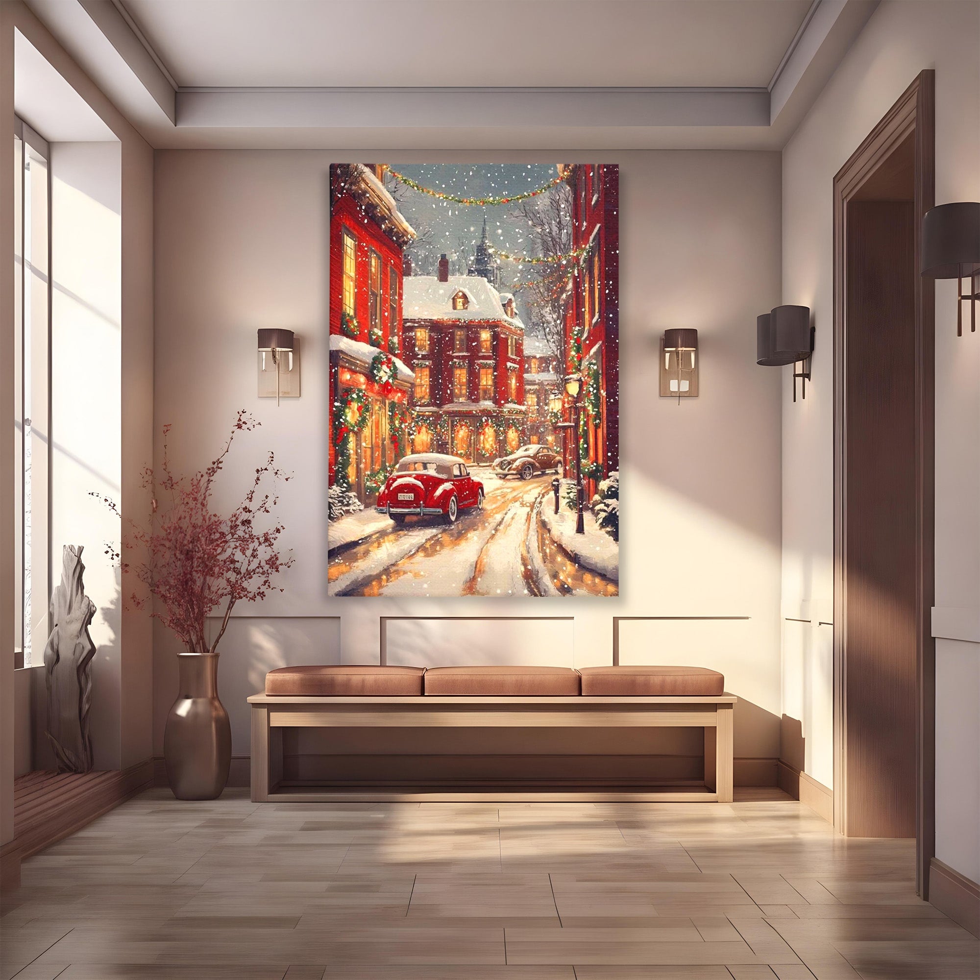 Tablou Canvas Premium LuxCanva® PI1083, Oras De Craciun, Strazi, Iarna, Masina, Ninsoare, Peisaj Urban, Living, Culori Vibrante