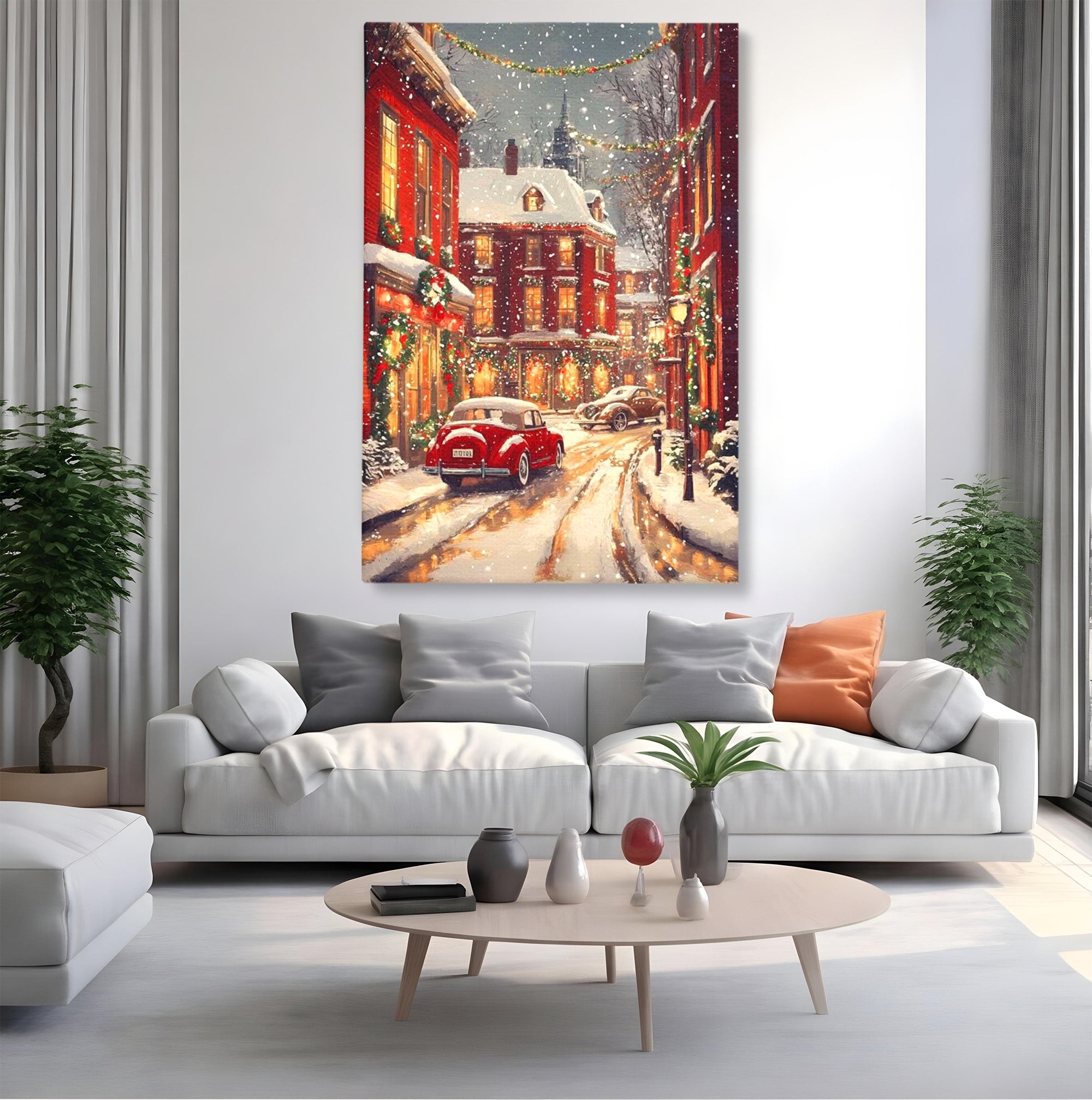 Tablou Canvas Premium LuxCanva® PI1083, Oras De Craciun, Strazi, Iarna, Masina, Ninsoare, Peisaj Urban, Living, Culori Vibrante