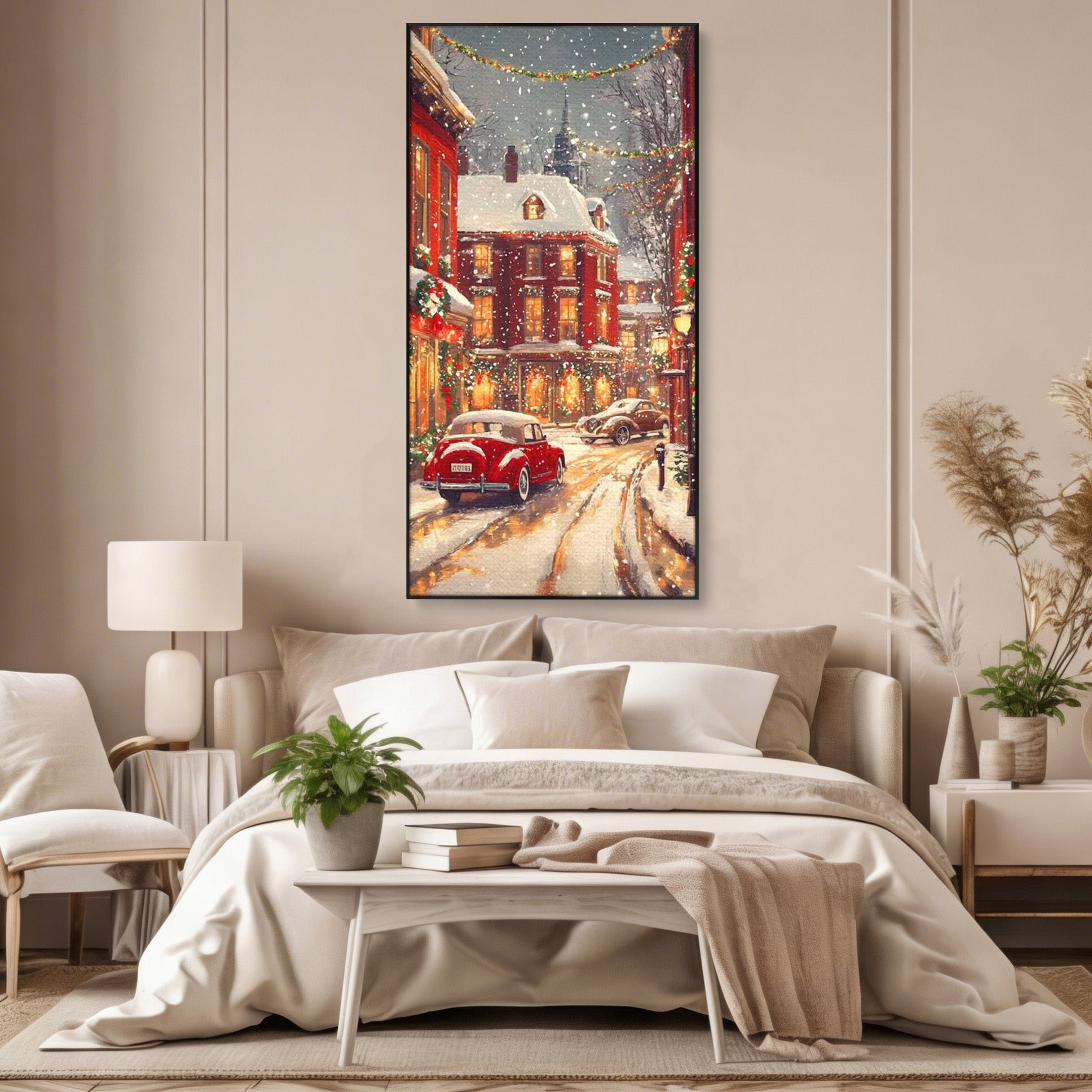 Tablou Canvas Premium LuxCanva® PI1083, Oras De Craciun, Strazi, Iarna, Masina, Ninsoare, Peisaj Urban, Living, Culori Vibrante