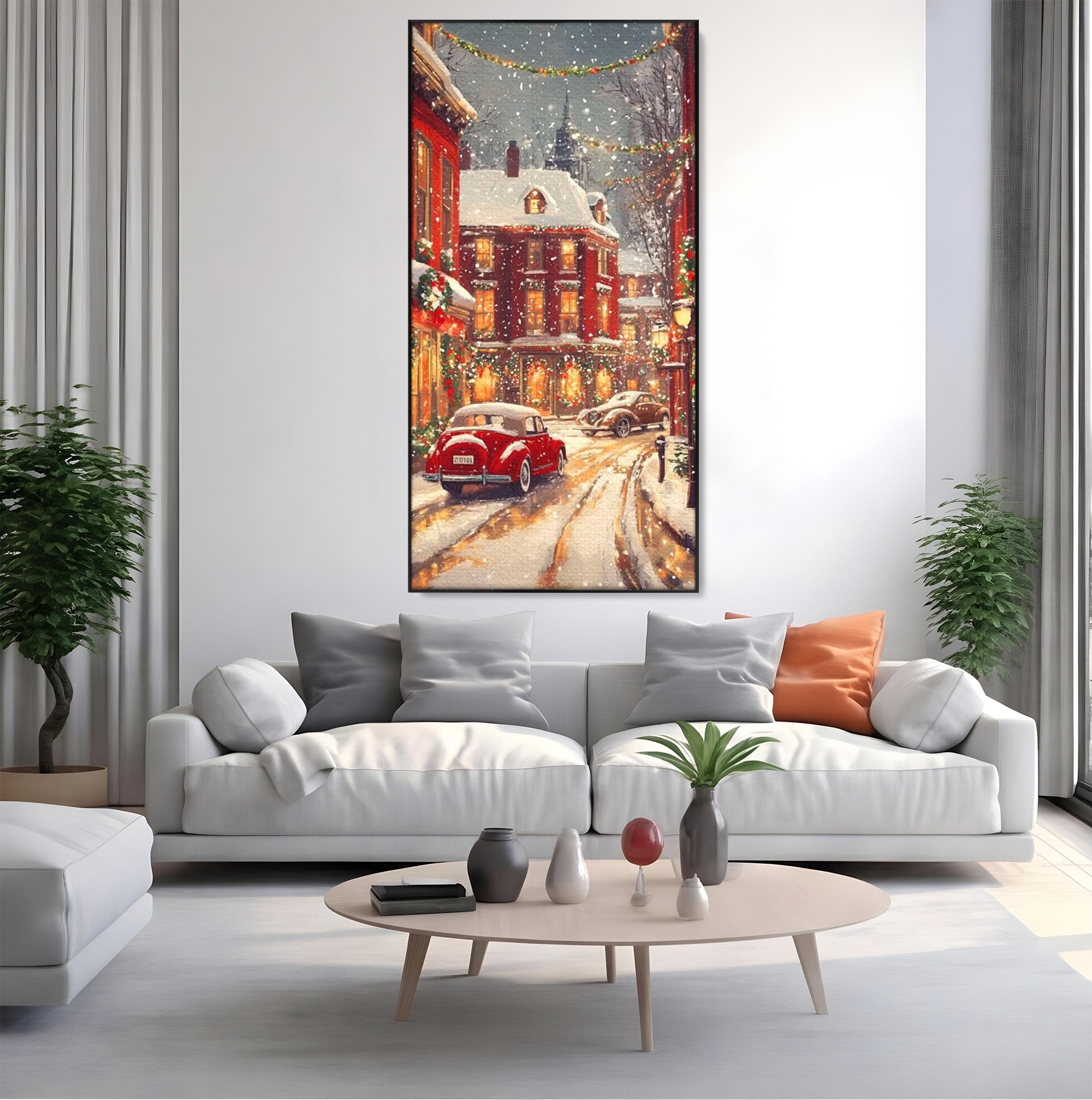 Tablou Canvas Premium LuxCanva® PI1083, Oras De Craciun, Strazi, Iarna, Masina, Ninsoare, Peisaj Urban, Living, Culori Vibrante