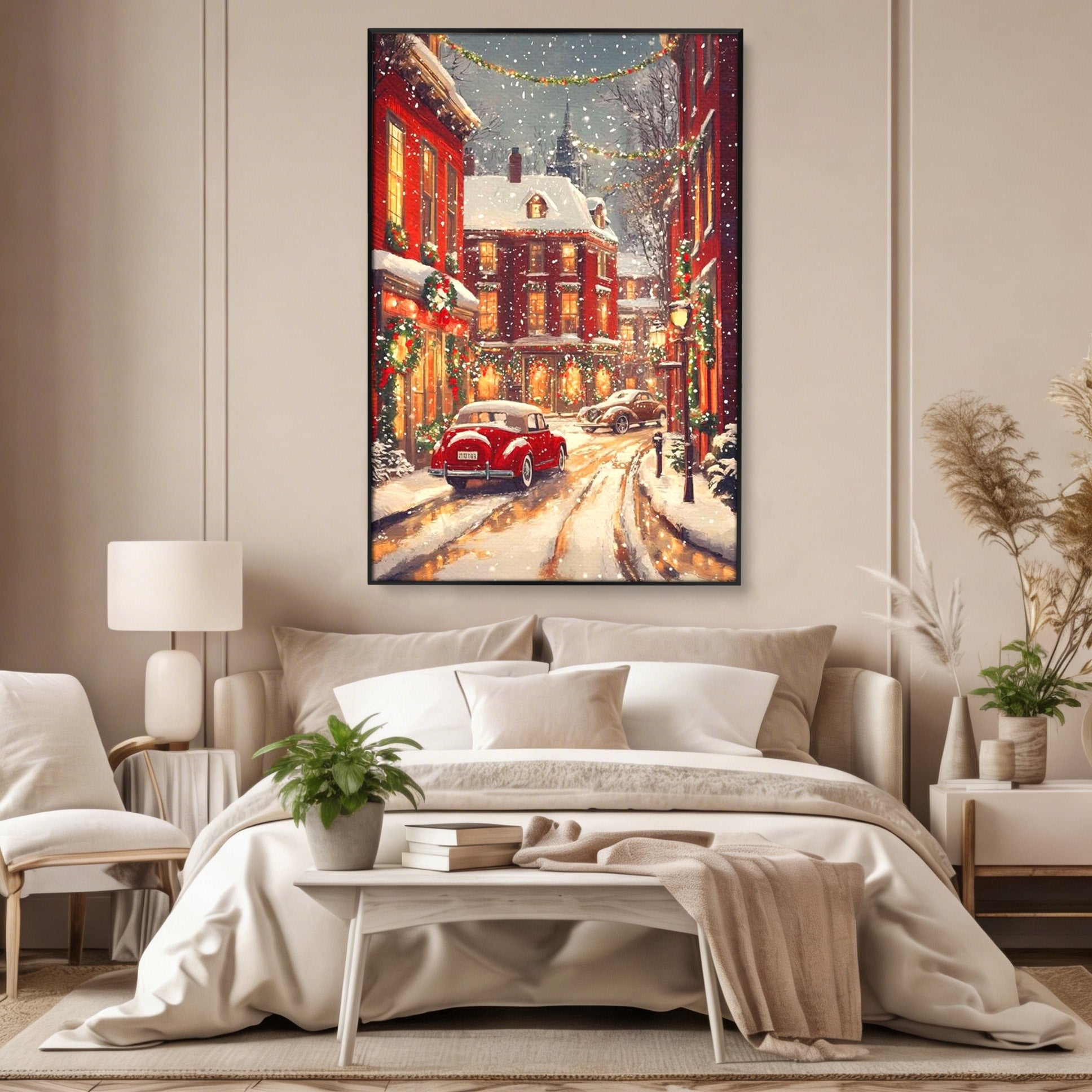 Tablou Canvas Premium LuxCanva® PI1083, Oras De Craciun, Strazi, Iarna, Masina, Ninsoare, Peisaj Urban, Living, Culori Vibrante