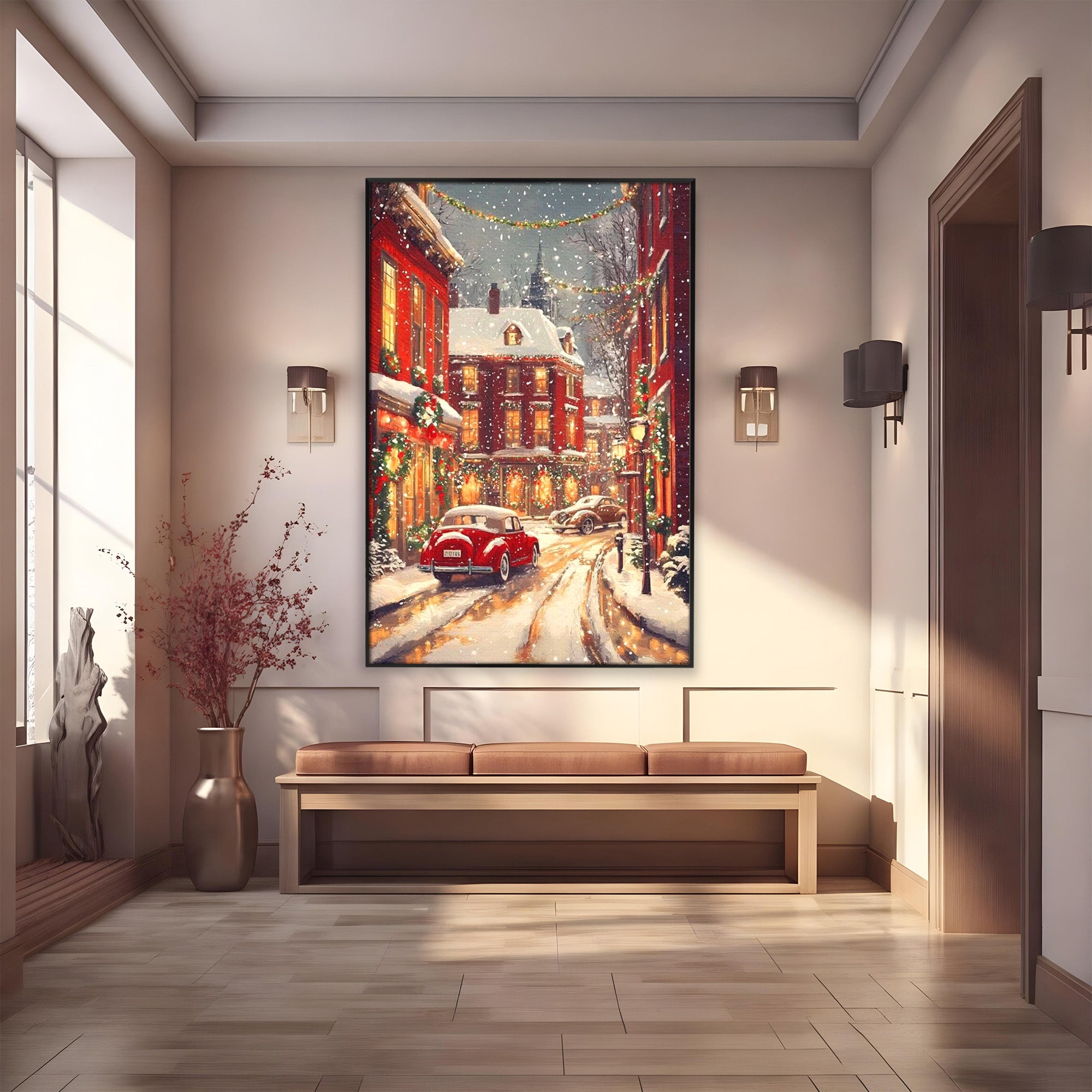 Tablou Canvas Premium LuxCanva® PI1083, Oras De Craciun, Strazi, Iarna, Masina, Ninsoare, Peisaj Urban, Living, Culori Vibrante