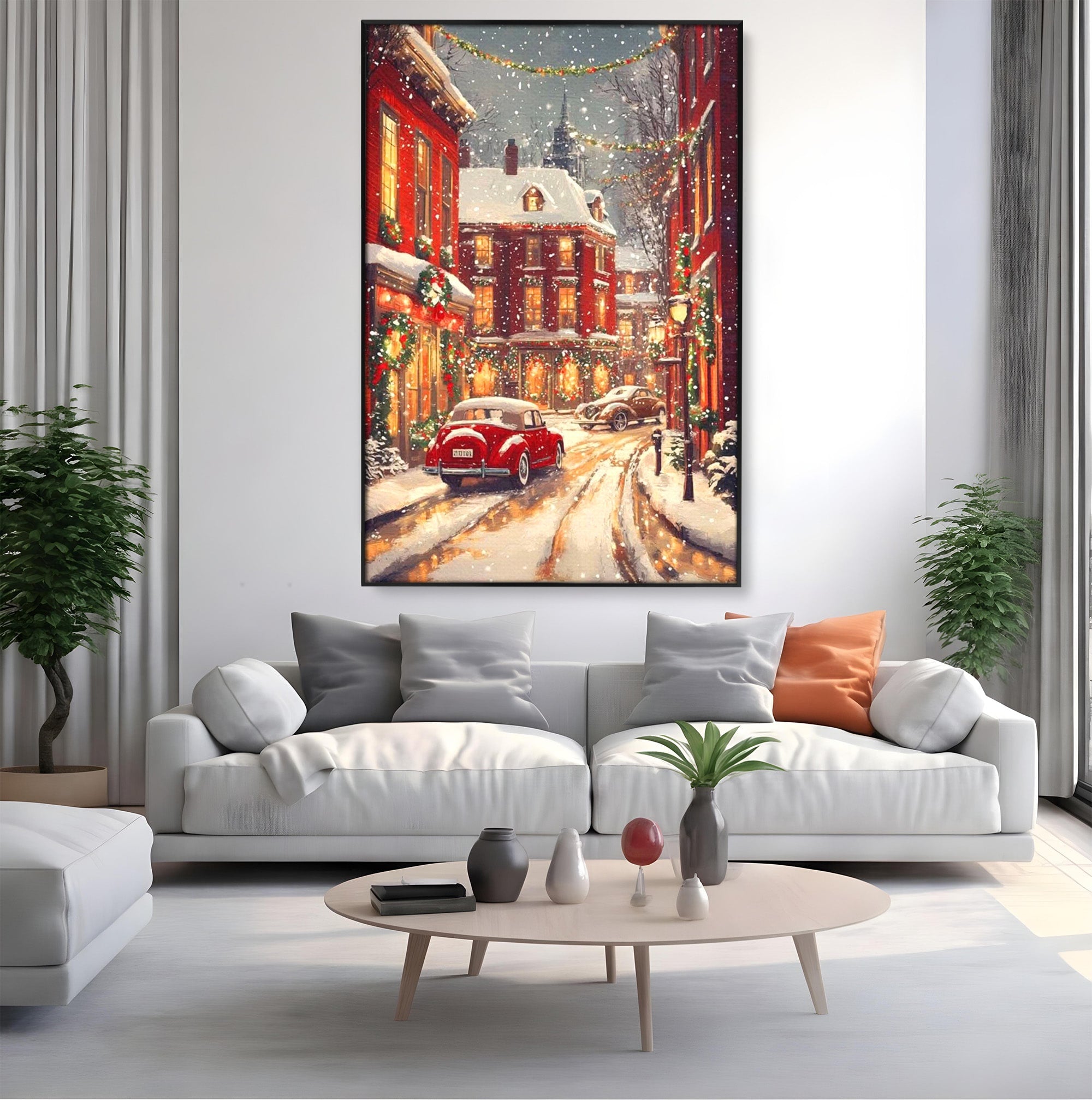 Tablou Canvas Premium LuxCanva® PI1083, Oras De Craciun, Strazi, Iarna, Masina, Ninsoare, Peisaj Urban, Living, Culori Vibrante