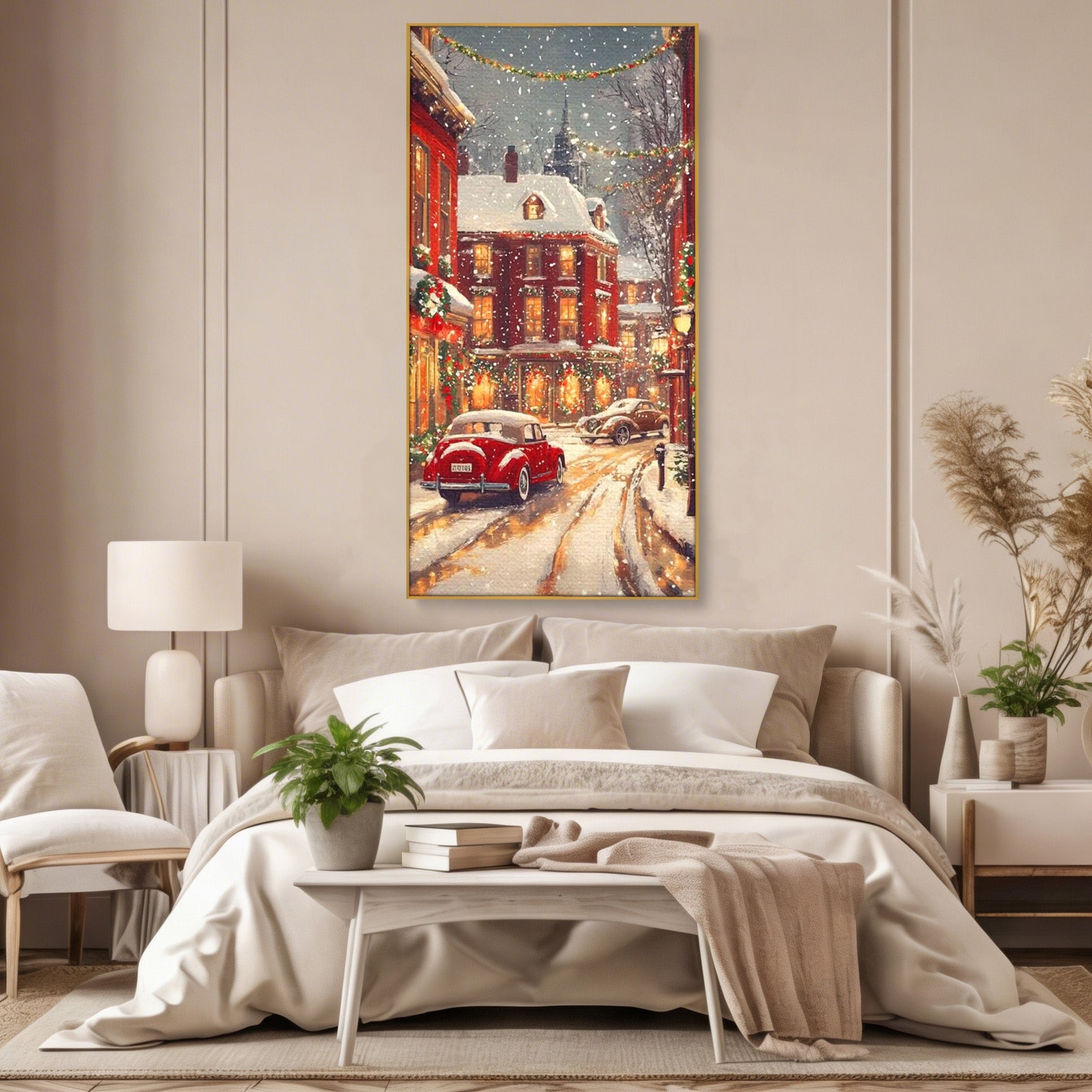 Tablou Canvas Premium LuxCanva® PI1083, Oras De Craciun, Strazi, Iarna, Masina, Ninsoare, Peisaj Urban, Living, Culori Vibrante