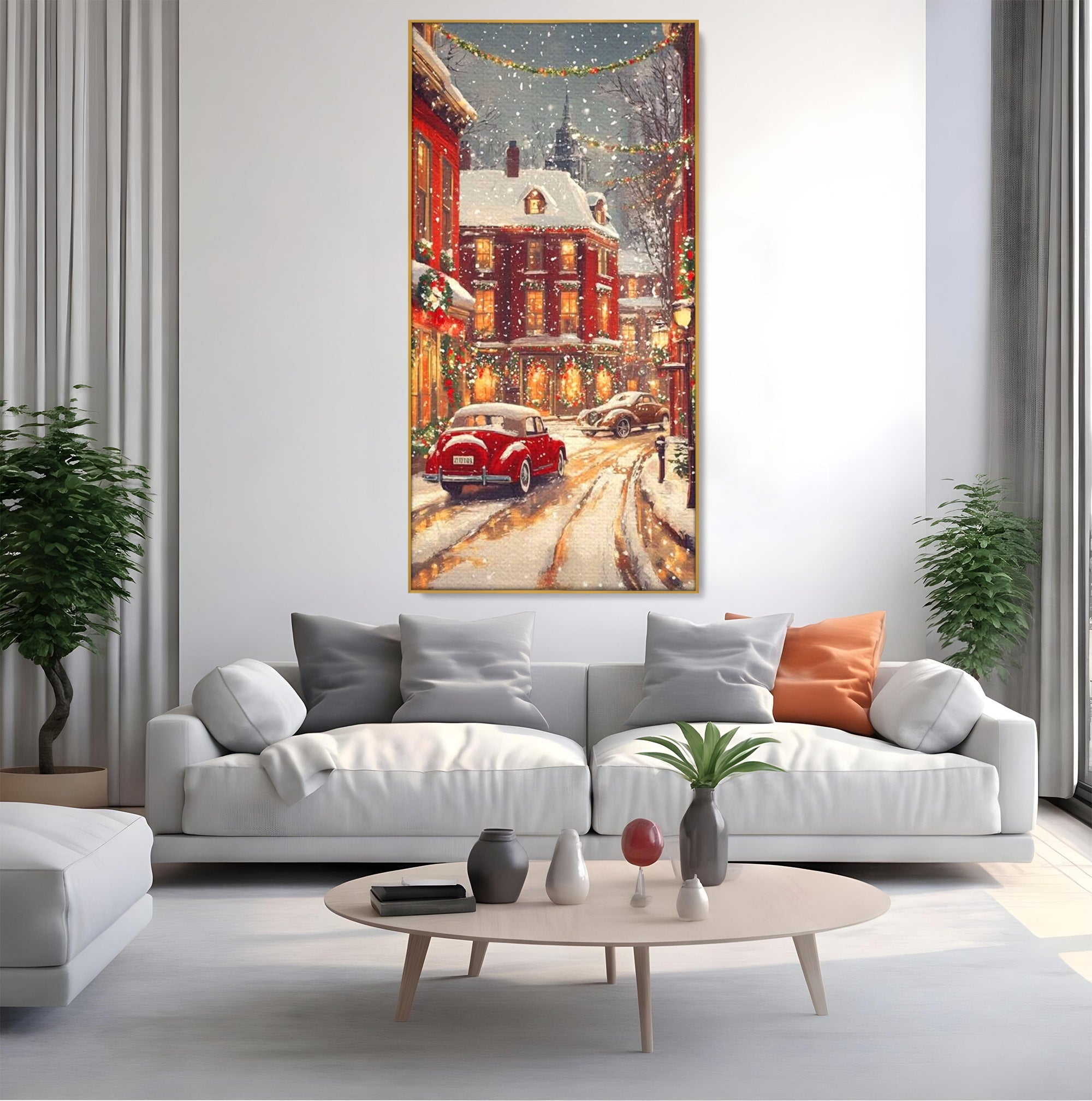 Tablou Canvas Premium LuxCanva® PI1083, Oras De Craciun, Strazi, Iarna, Masina, Ninsoare, Peisaj Urban, Living, Culori Vibrante