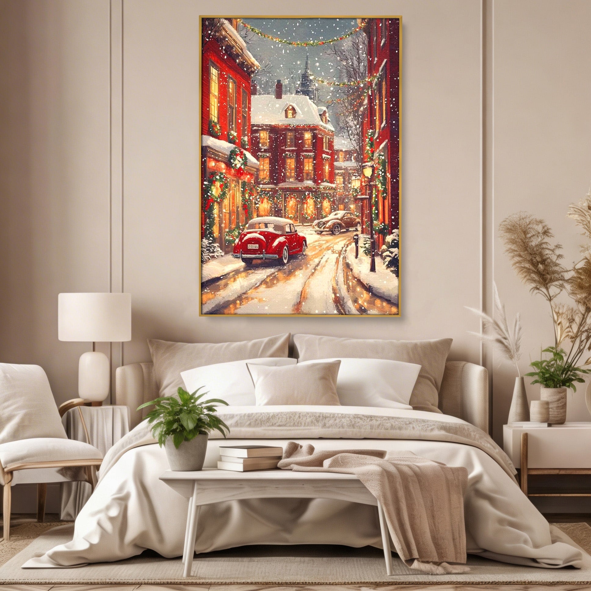 Tablou Canvas Premium LuxCanva® PI1083, Oras De Craciun, Strazi, Iarna, Masina, Ninsoare, Peisaj Urban, Living, Culori Vibrante