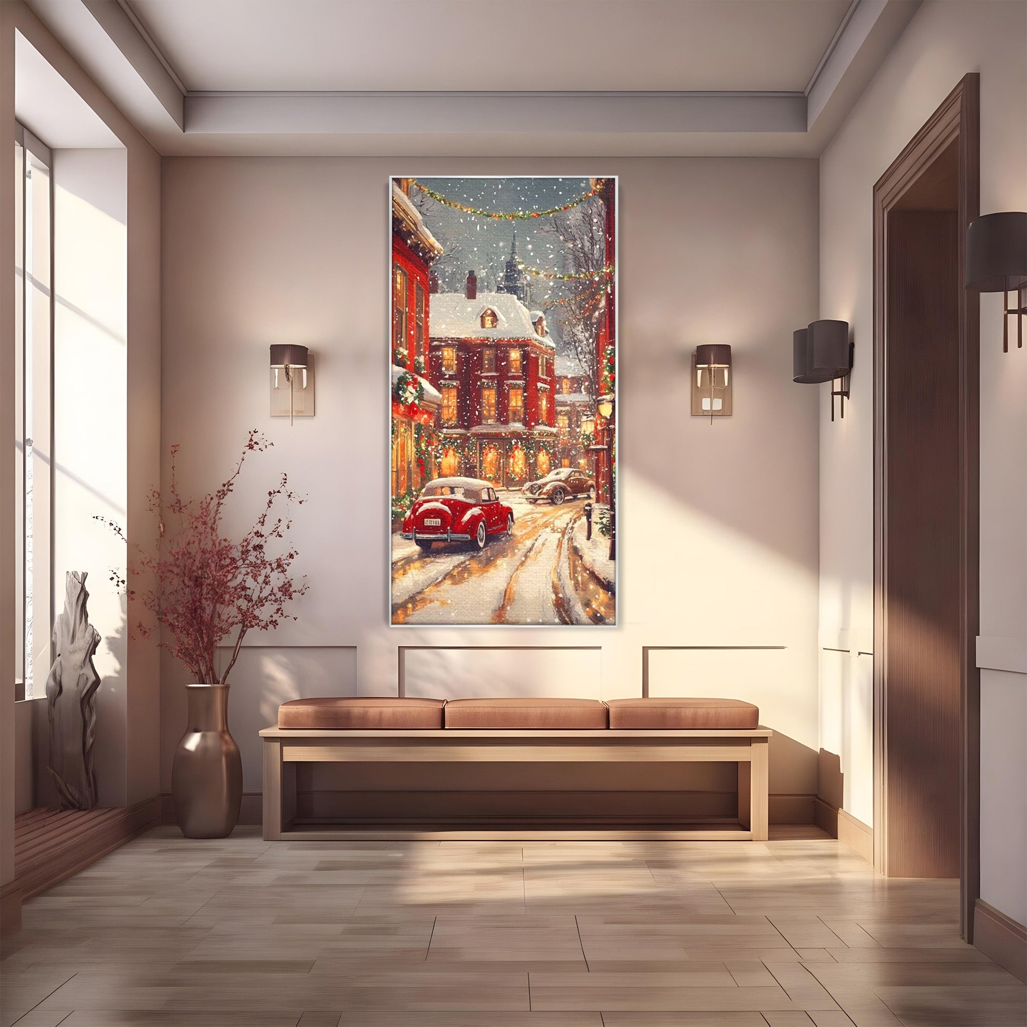 Tablou Canvas Premium LuxCanva® PI1083, Oras De Craciun, Strazi, Iarna, Masina, Ninsoare, Peisaj Urban, Living, Culori Vibrante