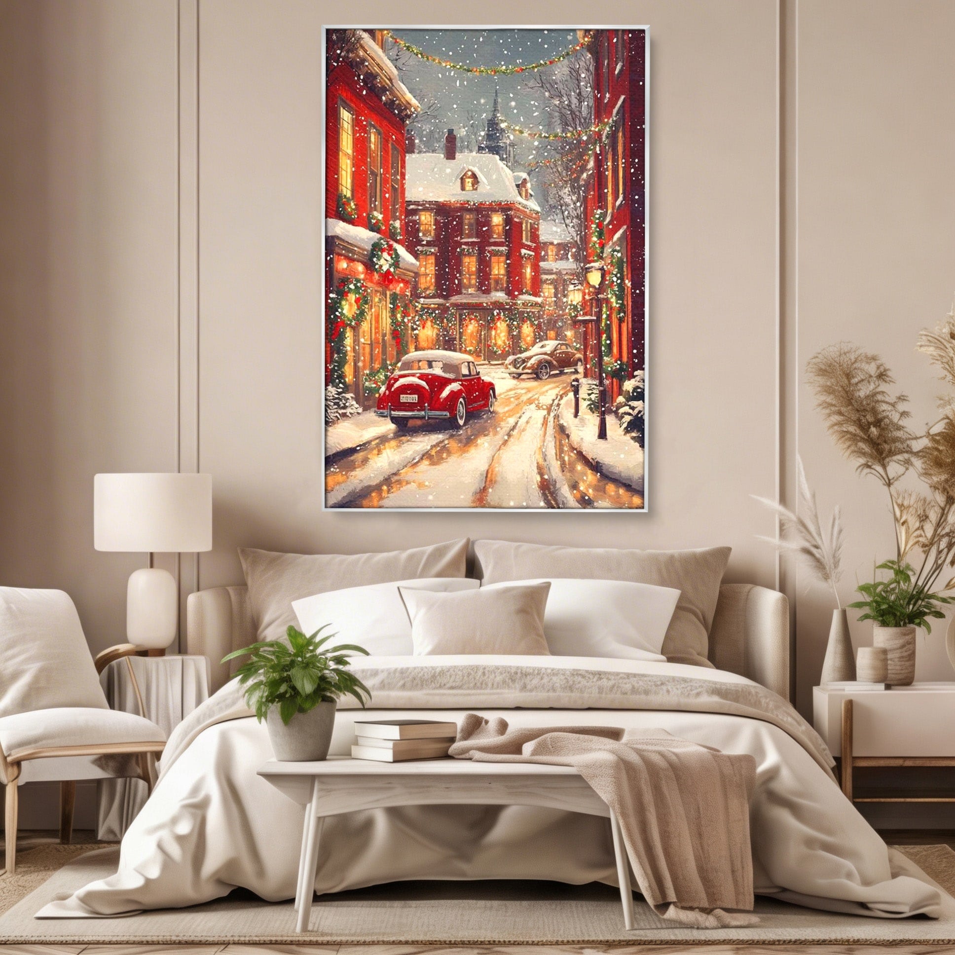 Tablou Canvas Premium LuxCanva® PI1083, Oras De Craciun, Strazi, Iarna, Masina, Ninsoare, Peisaj Urban, Living, Culori Vibrante