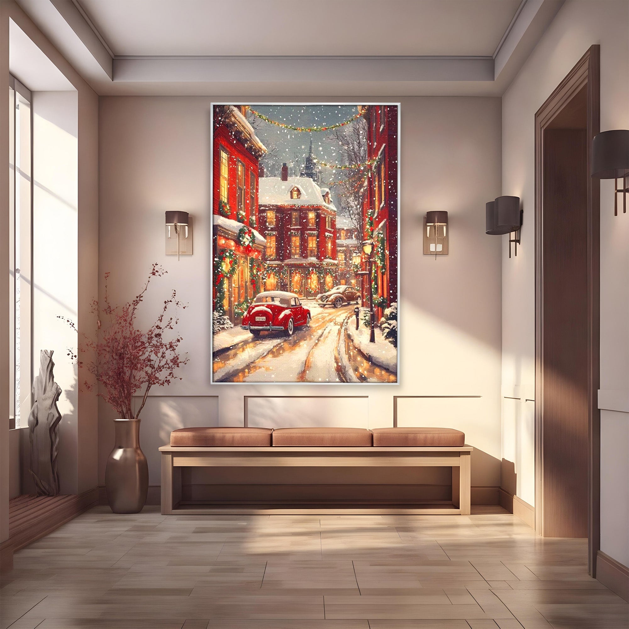 Tablou Canvas Premium LuxCanva® PI1083, Oras De Craciun, Strazi, Iarna, Masina, Ninsoare, Peisaj Urban, Living, Culori Vibrante