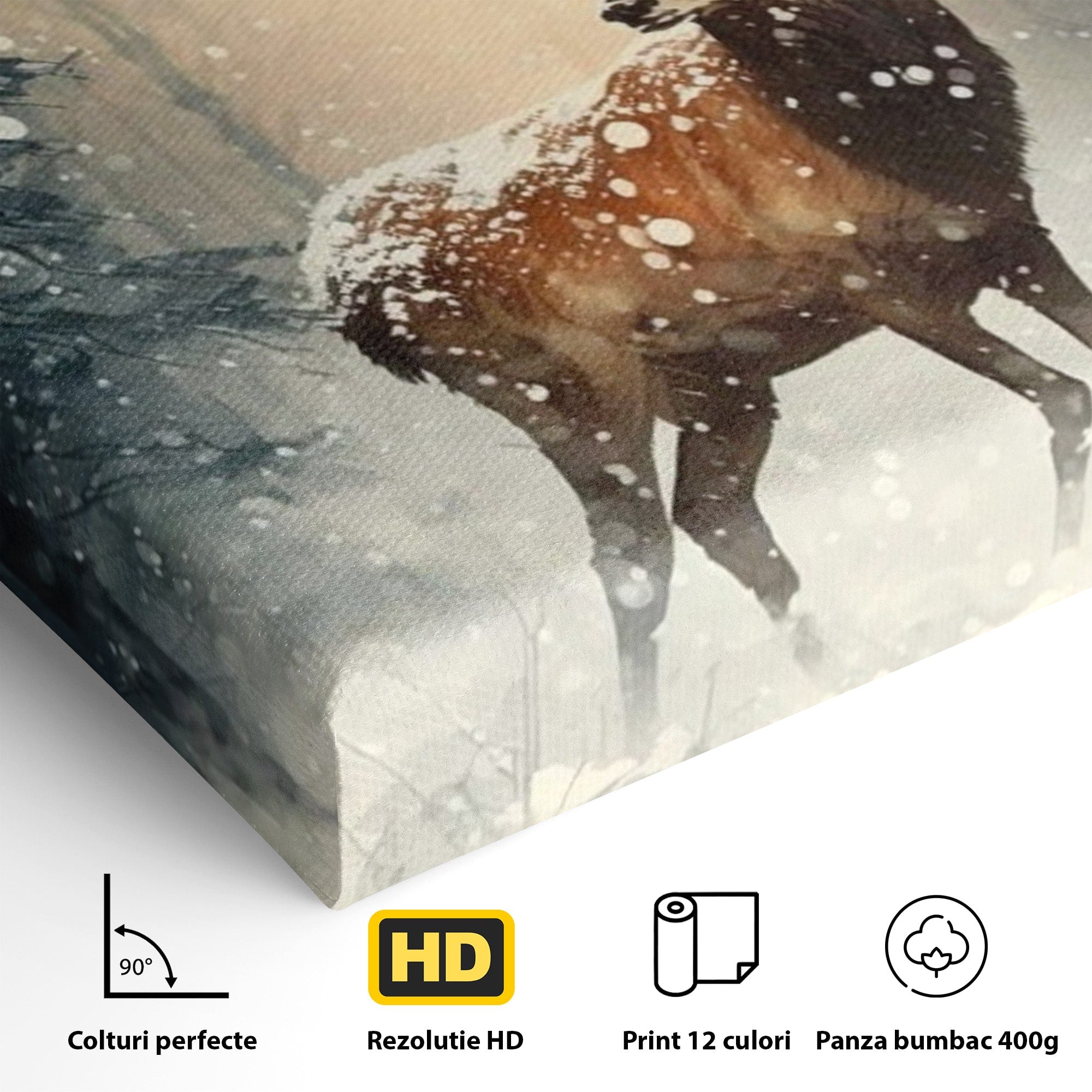Tablou Canvas Premium LuxCanva® PI1084, Cerb In Zapada, Salbatic, Iarna, Natura, Zapada, Living, Dormitor, Culori Vibrante