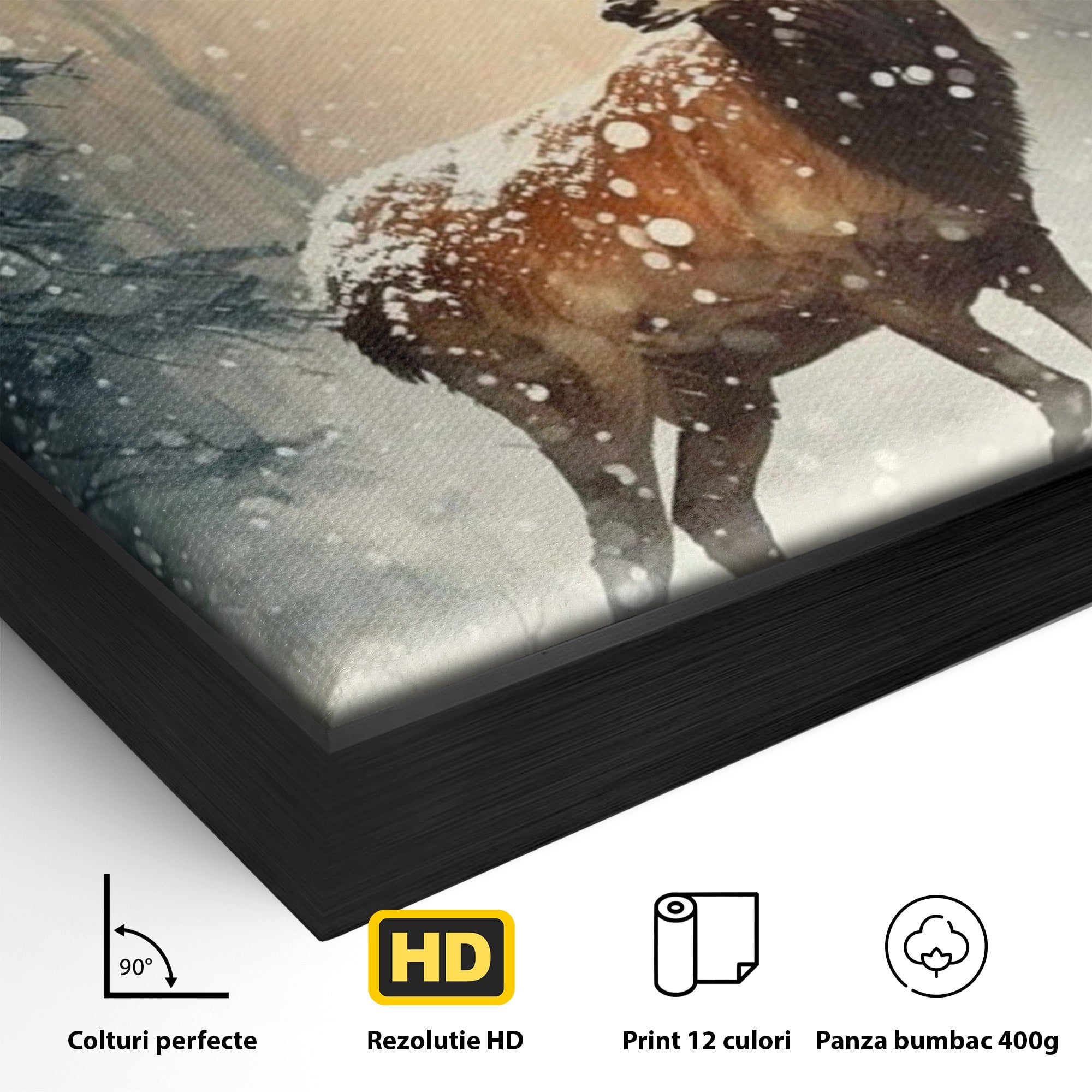 Tablou Canvas Premium LuxCanva® PI1084, Cerb In Zapada, Salbatic, Iarna, Natura, Zapada, Living, Dormitor, Culori Vibrante