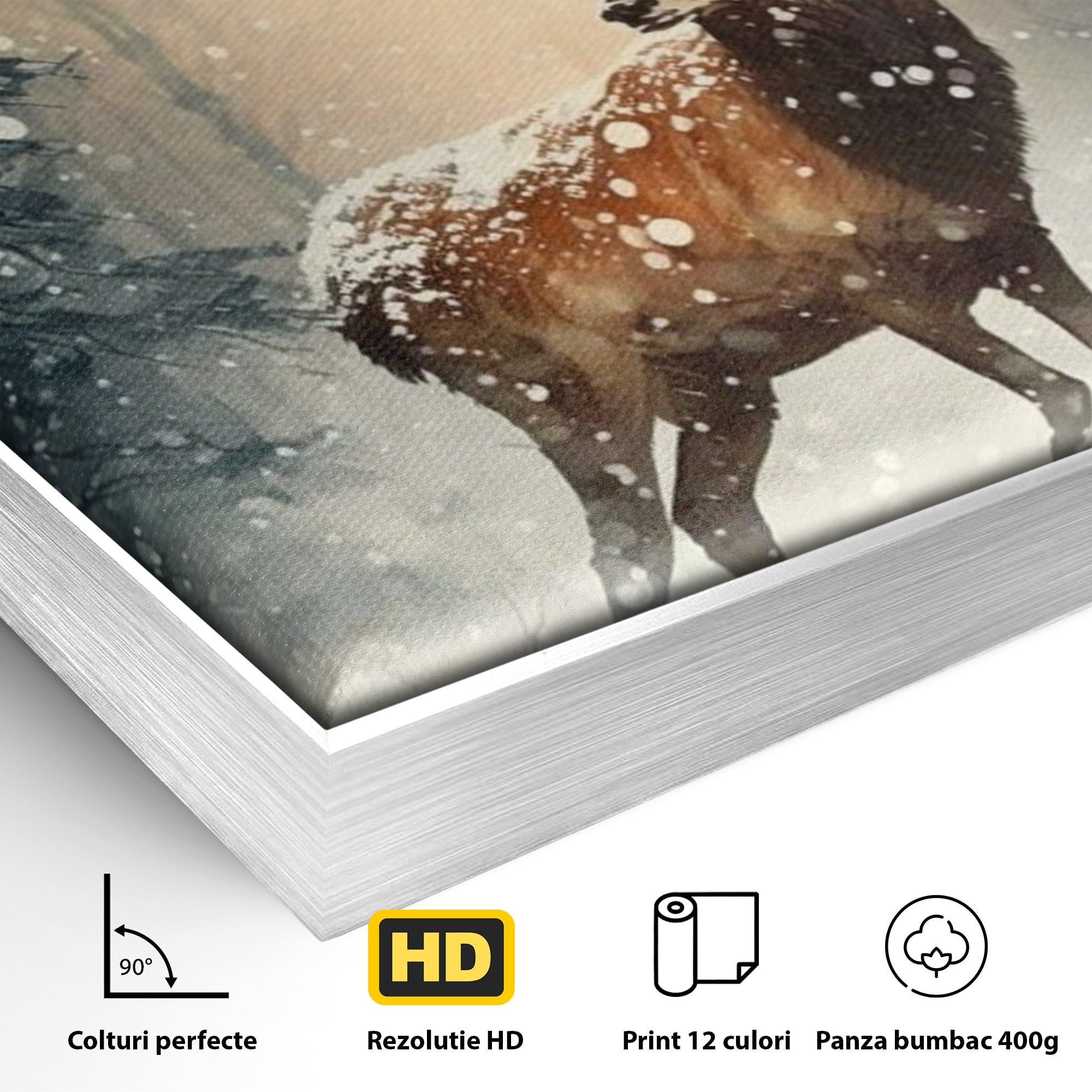 Tablou Canvas Premium LuxCanva® PI1084, Cerb In Zapada, Salbatic, Iarna, Natura, Zapada, Living, Dormitor, Culori Vibrante