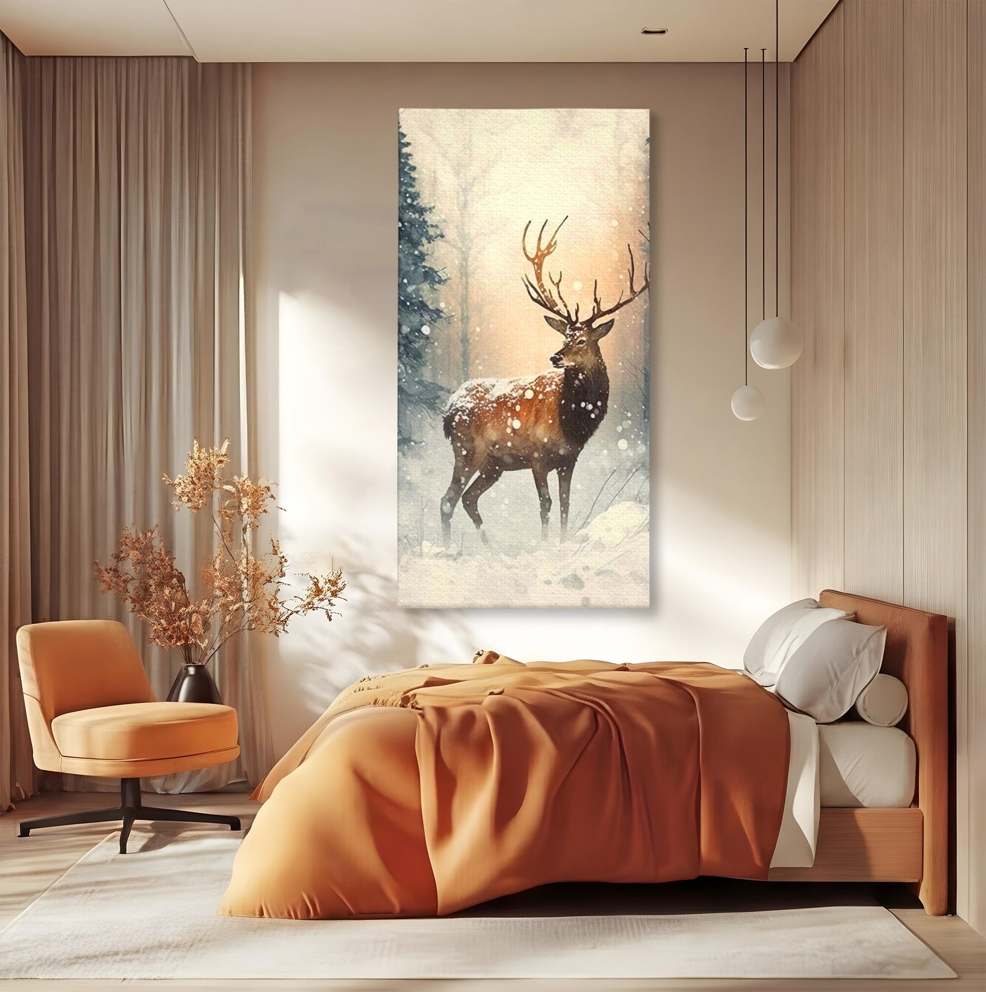 Tablou Canvas Premium LuxCanva® PI1084, Cerb In Zapada, Salbatic, Iarna, Natura, Zapada, Living, Dormitor, Culori Vibrante