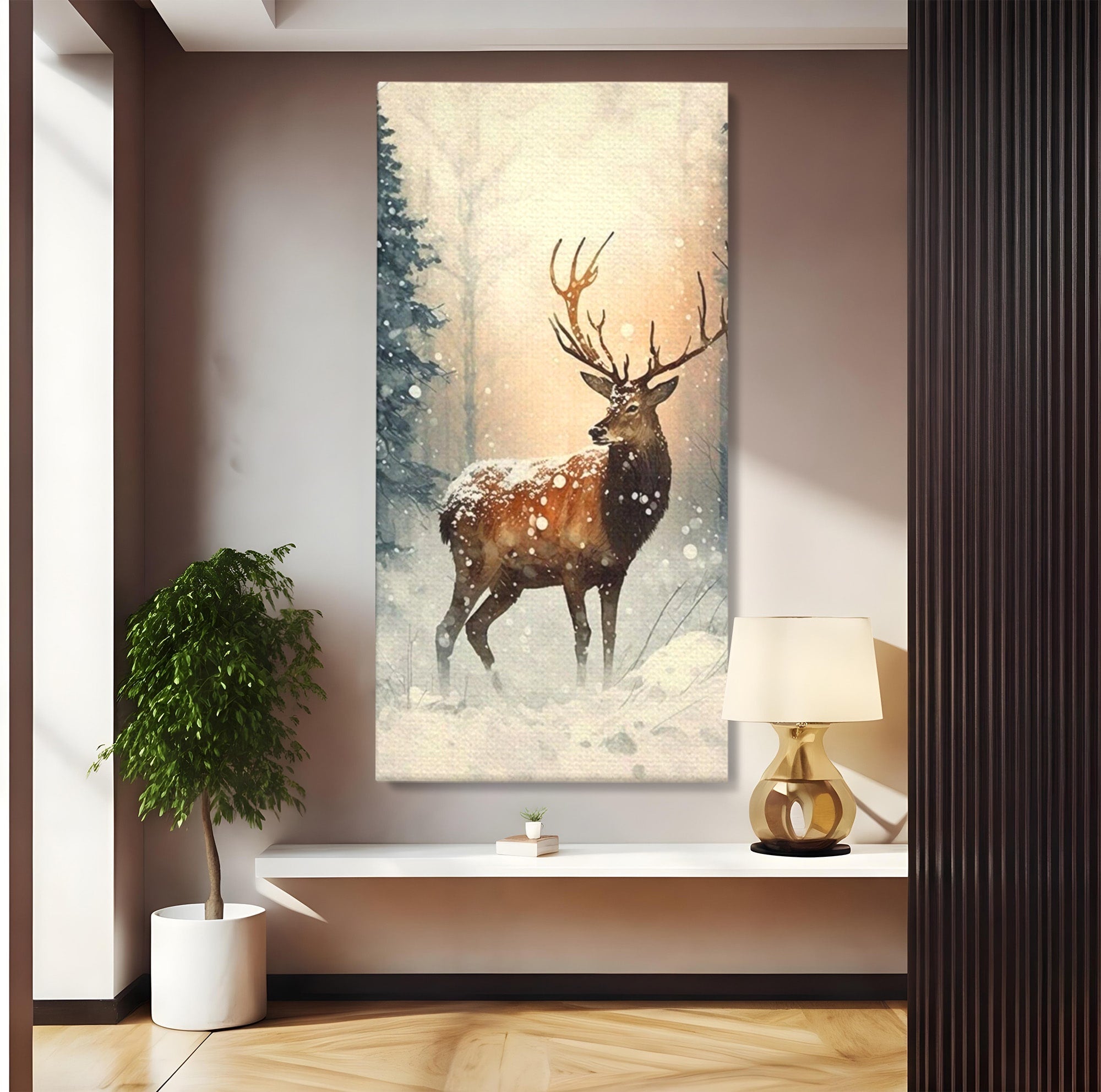 Tablou Canvas Premium LuxCanva® PI1084, Cerb In Zapada, Salbatic, Iarna, Natura, Zapada, Living, Dormitor, Culori Vibrante