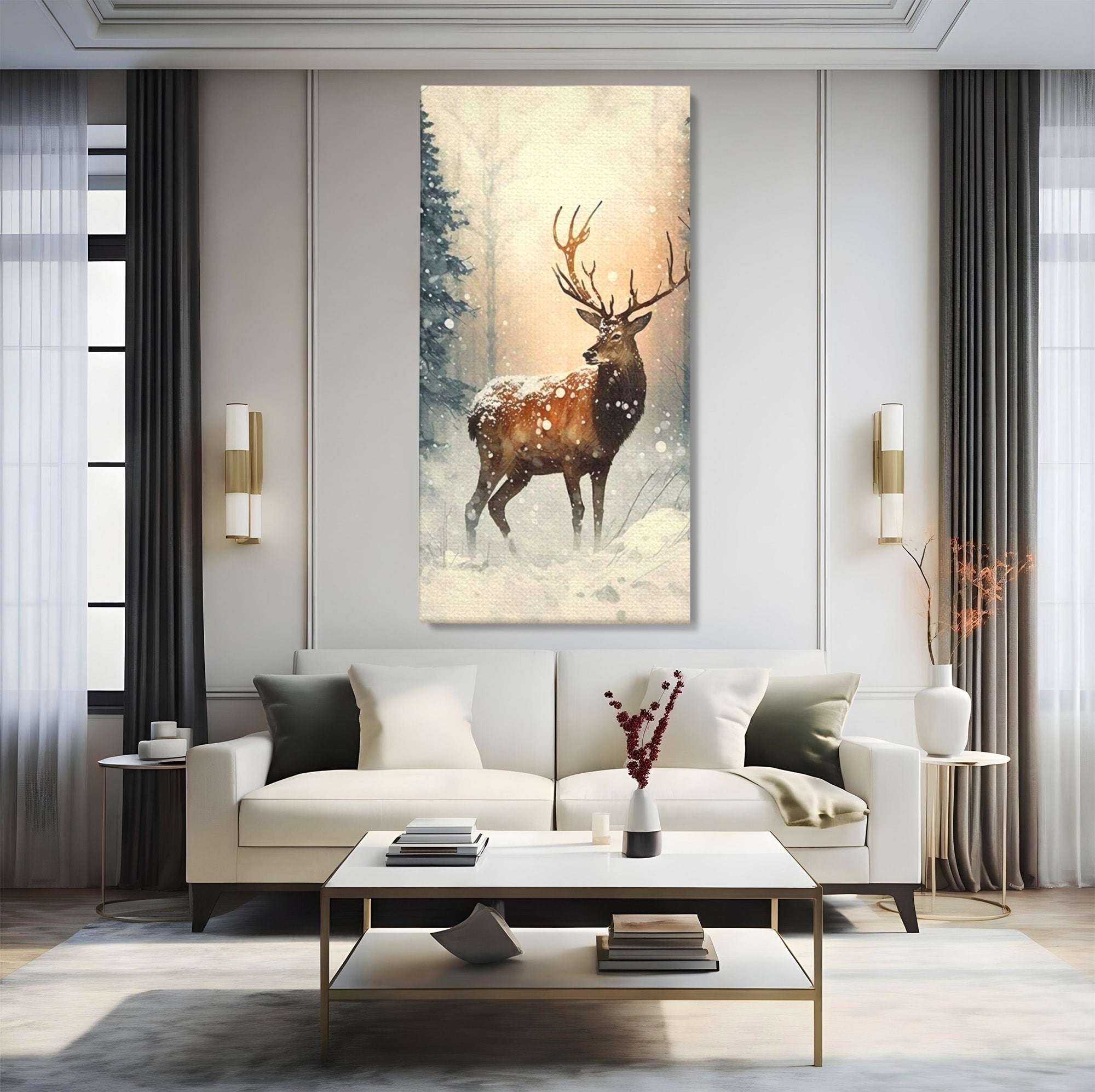 Tablou Canvas Premium LuxCanva® PI1084, Cerb In Zapada, Salbatic, Iarna, Natura, Zapada, Living, Dormitor, Culori Vibrante