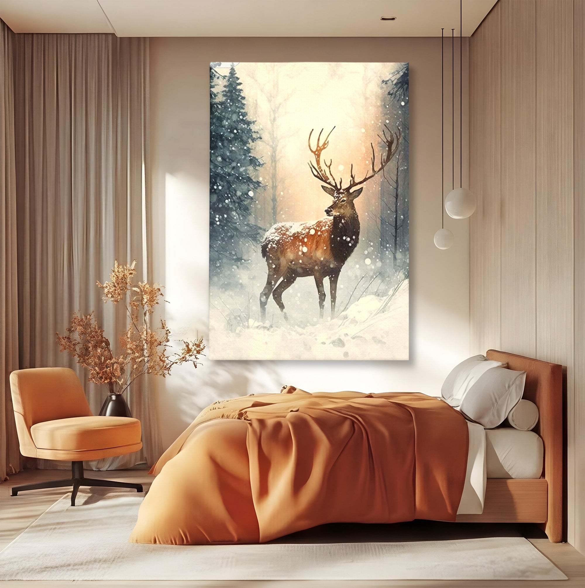 Tablou Canvas Premium LuxCanva® PI1084, Cerb In Zapada, Salbatic, Iarna, Natura, Zapada, Living, Dormitor, Culori Vibrante