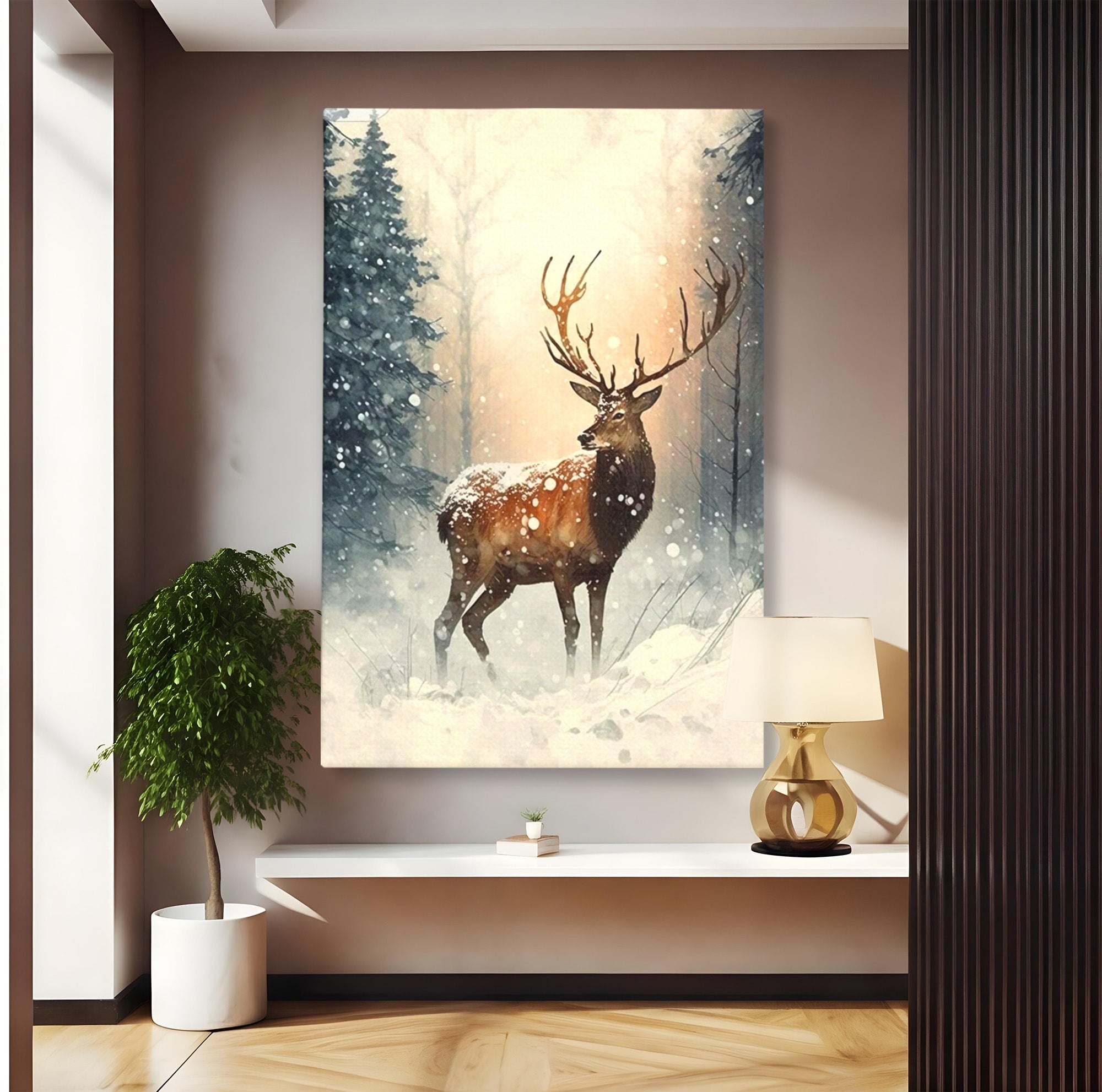 Tablou Canvas Premium LuxCanva® PI1084, Cerb In Zapada, Salbatic, Iarna, Natura, Zapada, Living, Dormitor, Culori Vibrante