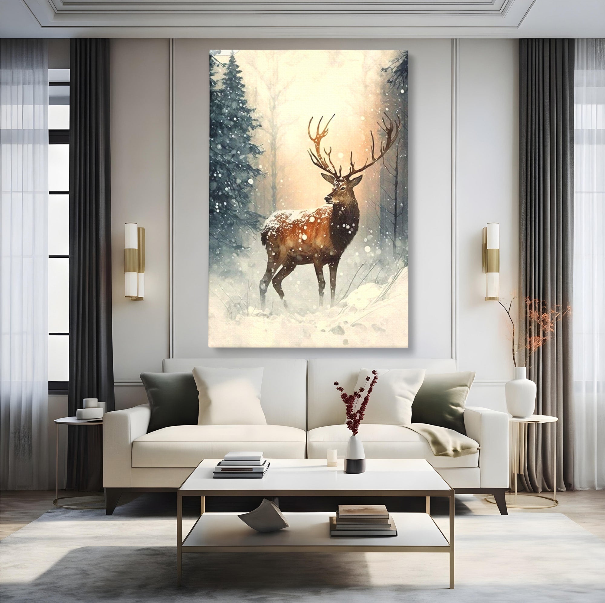 Tablou Canvas Premium LuxCanva® PI1084, Cerb In Zapada, Salbatic, Iarna, Natura, Zapada, Living, Dormitor, Culori Vibrante