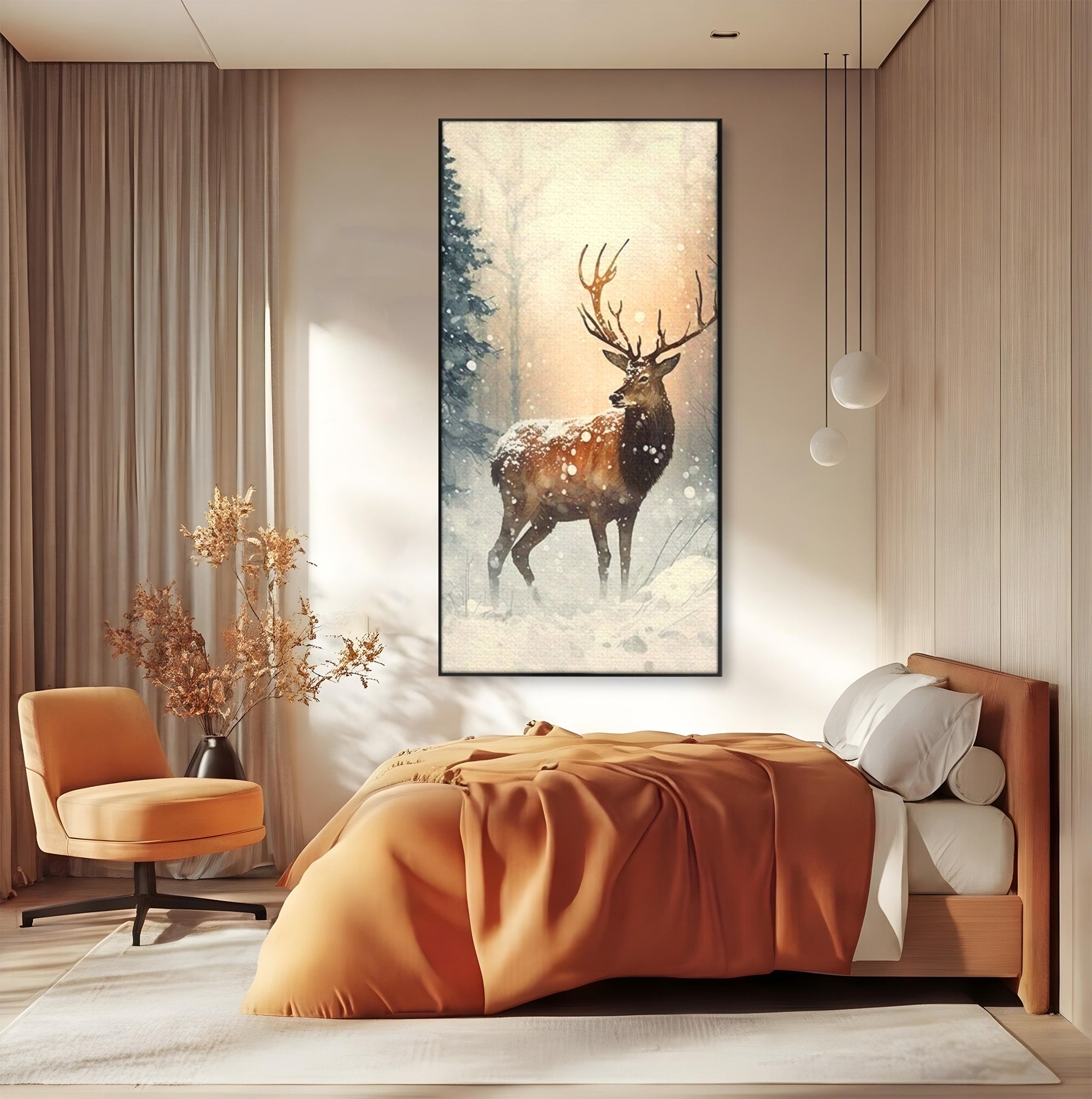 Tablou Canvas Premium LuxCanva® PI1084, Cerb In Zapada, Salbatic, Iarna, Natura, Zapada, Living, Dormitor, Culori Vibrante