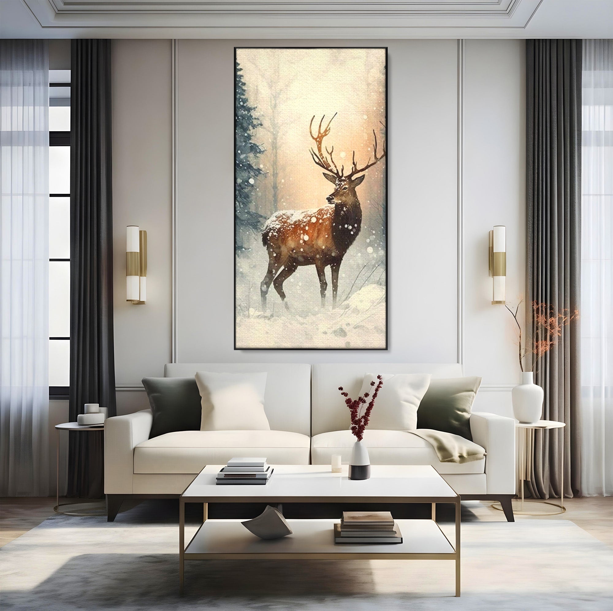 Tablou Canvas Premium LuxCanva® PI1084, Cerb In Zapada, Salbatic, Iarna, Natura, Zapada, Living, Dormitor, Culori Vibrante