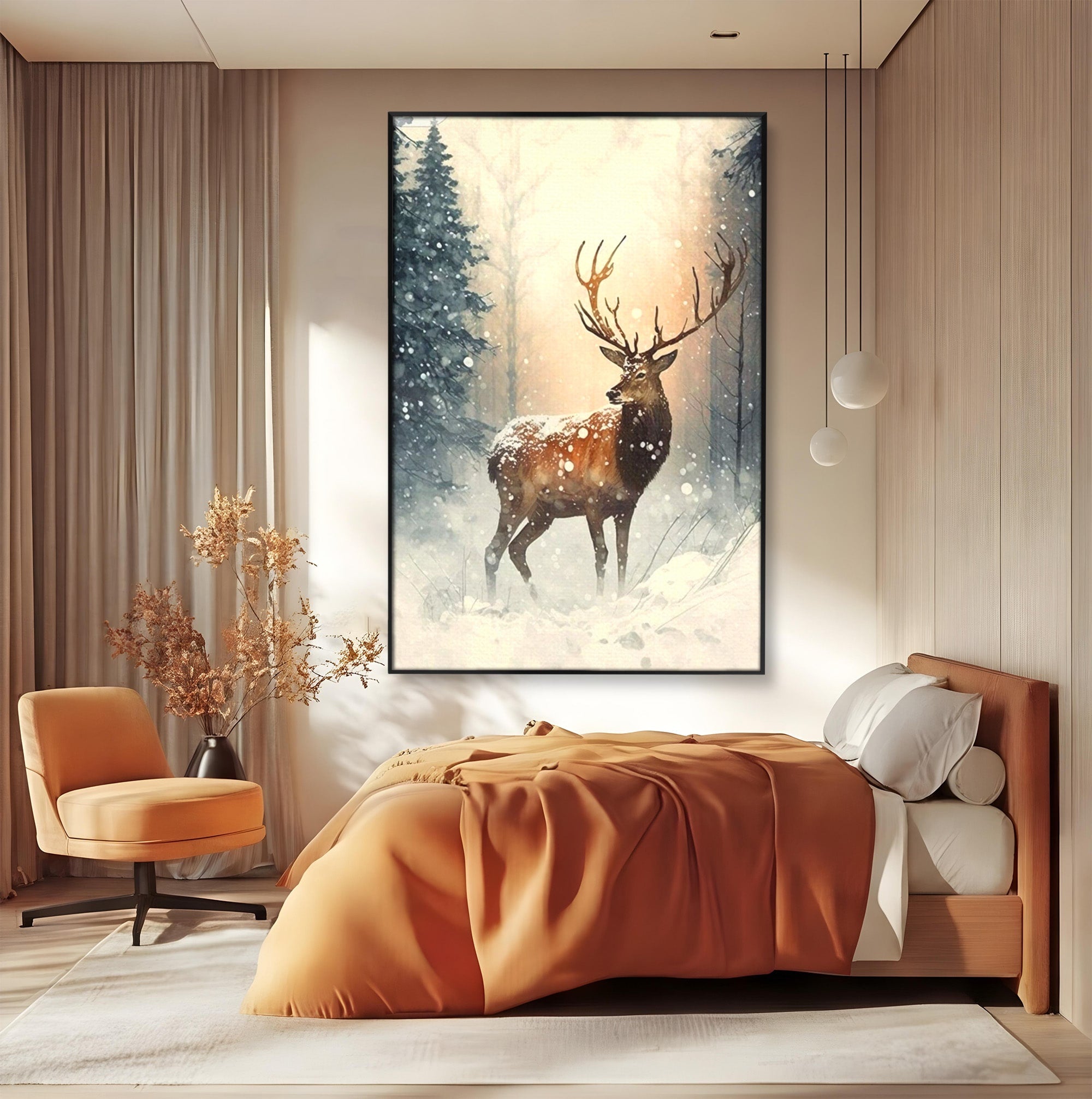 Tablou Canvas Premium LuxCanva® PI1084, Cerb In Zapada, Salbatic, Iarna, Natura, Zapada, Living, Dormitor, Culori Vibrante
