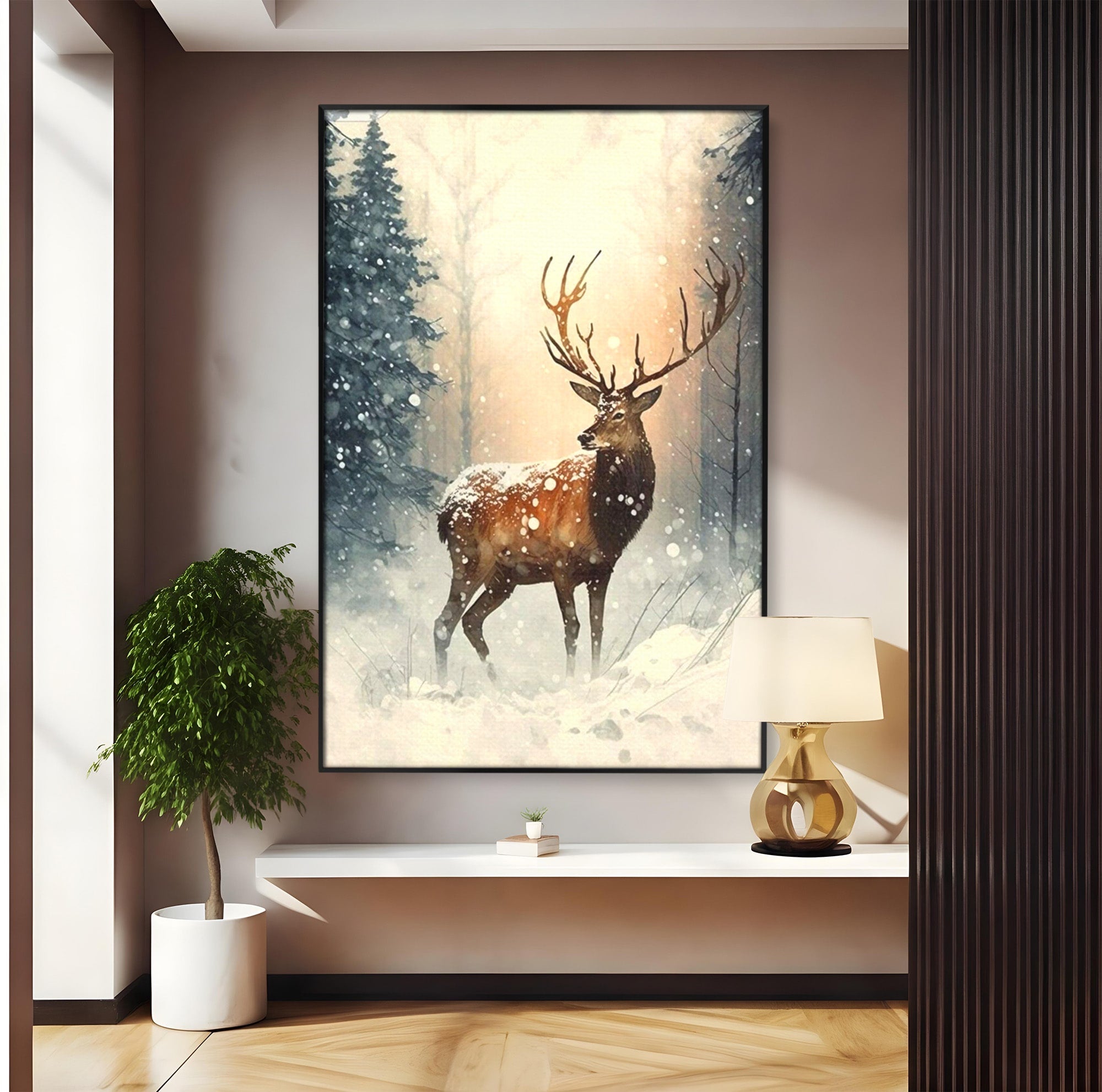 Tablou Canvas Premium LuxCanva® PI1084, Cerb In Zapada, Salbatic, Iarna, Natura, Zapada, Living, Dormitor, Culori Vibrante