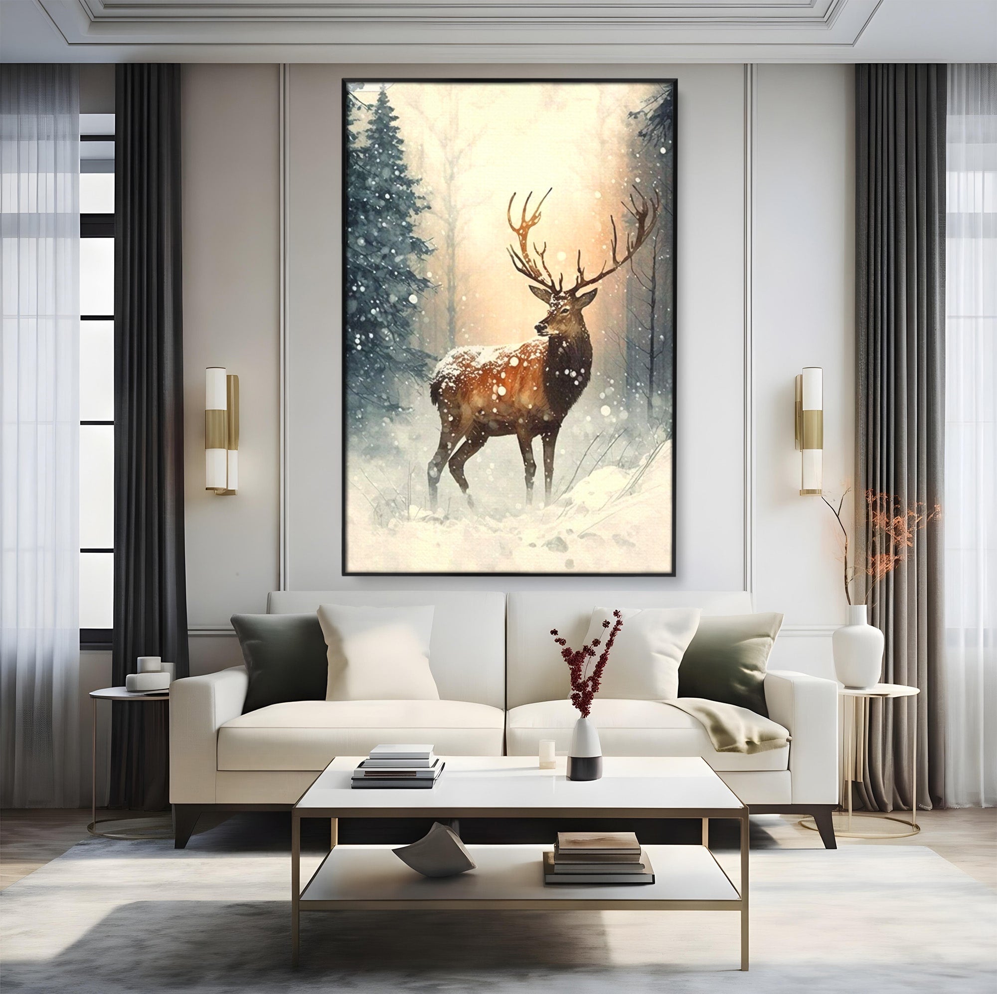Tablou Canvas Premium LuxCanva® PI1084, Cerb In Zapada, Salbatic, Iarna, Natura, Zapada, Living, Dormitor, Culori Vibrante