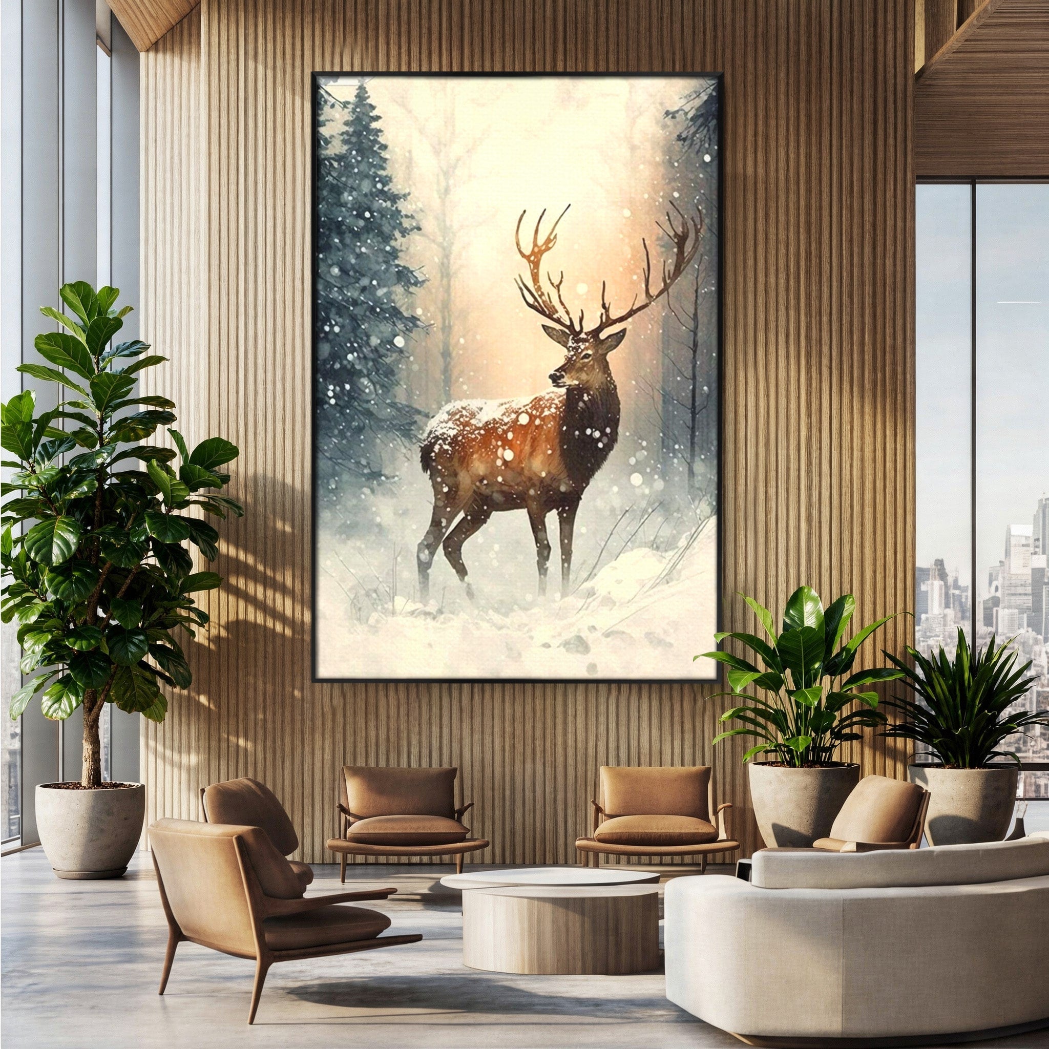 Tablou Canvas Premium LuxCanva® PI1084, Cerb In Zapada, Salbatic, Iarna, Natura, Zapada, Living, Dormitor, Culori Vibrante