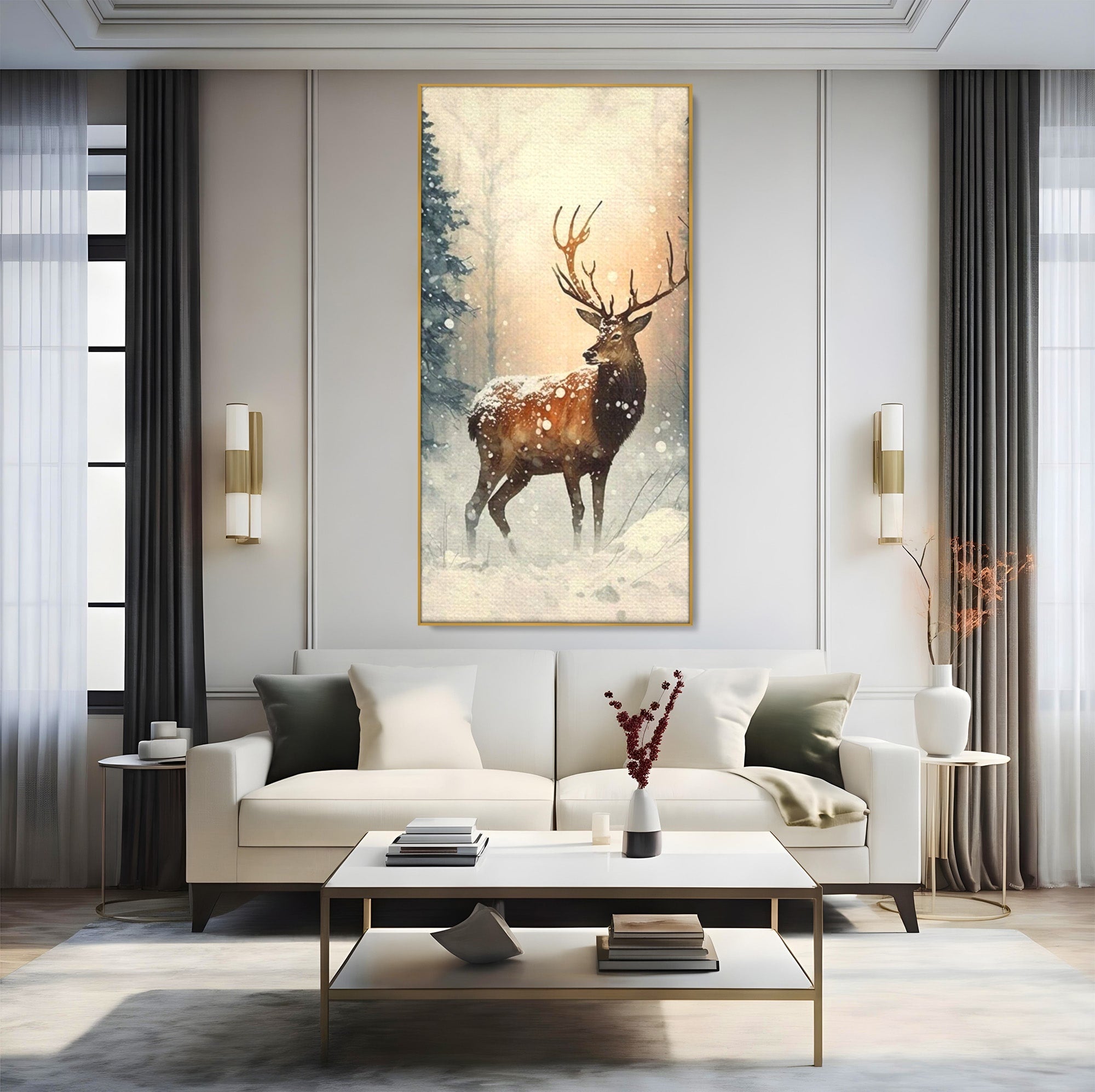 Tablou Canvas Premium LuxCanva® PI1084, Cerb In Zapada, Salbatic, Iarna, Natura, Zapada, Living, Dormitor, Culori Vibrante