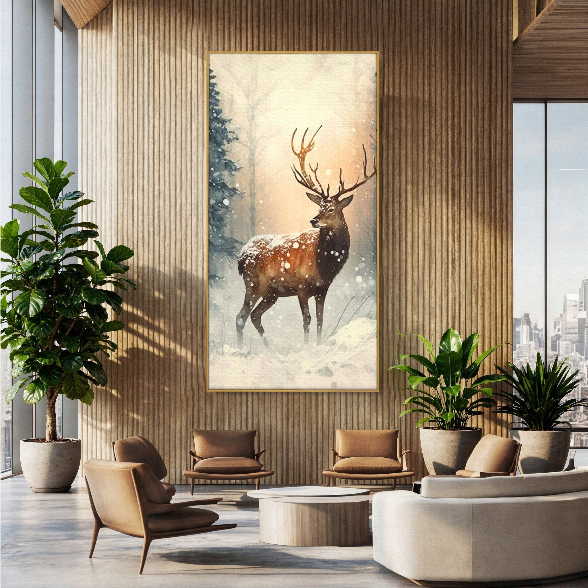 Tablou Canvas Premium LuxCanva® PI1084, Cerb In Zapada, Salbatic, Iarna, Natura, Zapada, Living, Dormitor, Culori Vibrante