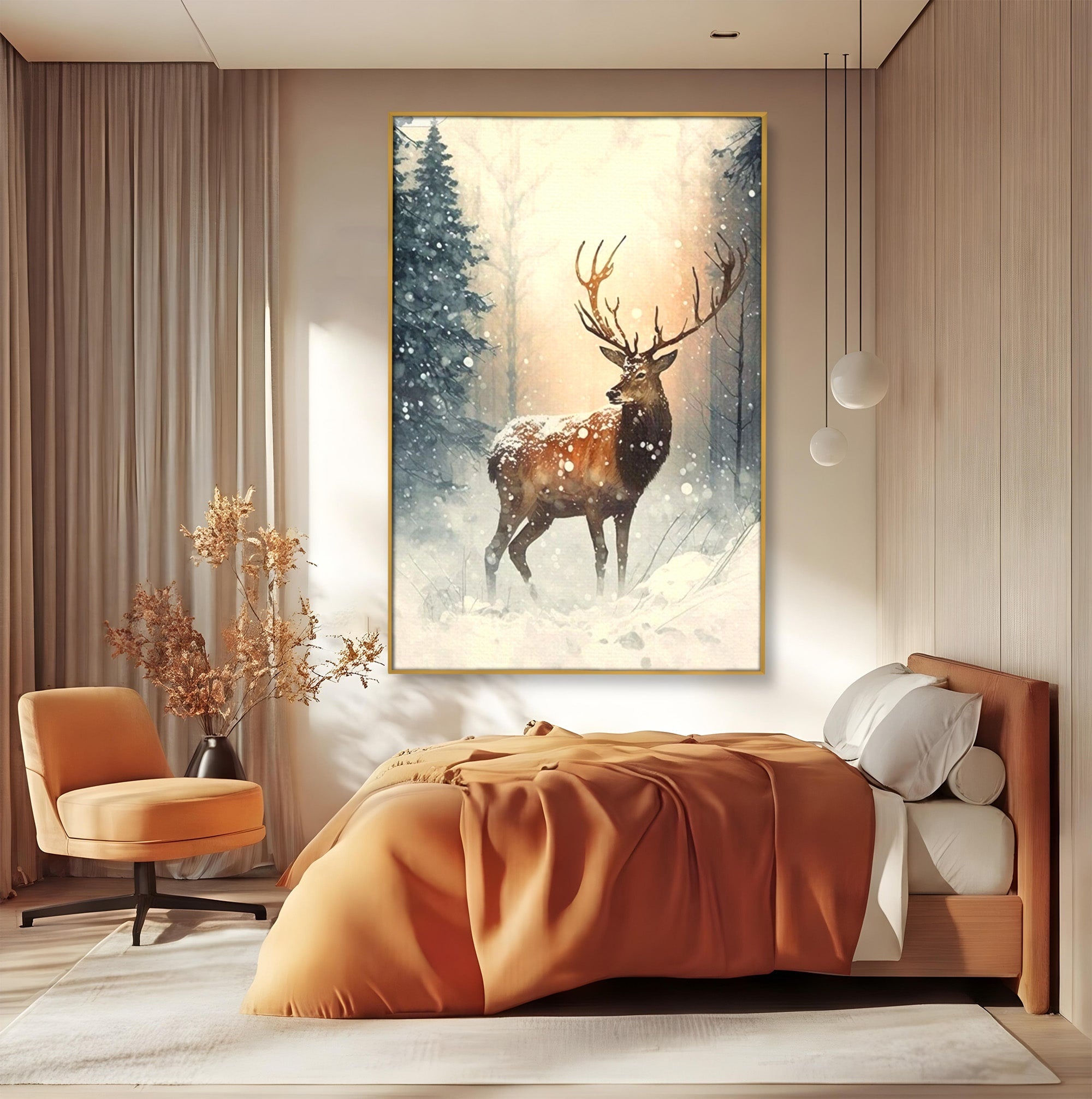 Tablou Canvas Premium LuxCanva® PI1084, Cerb In Zapada, Salbatic, Iarna, Natura, Zapada, Living, Dormitor, Culori Vibrante
