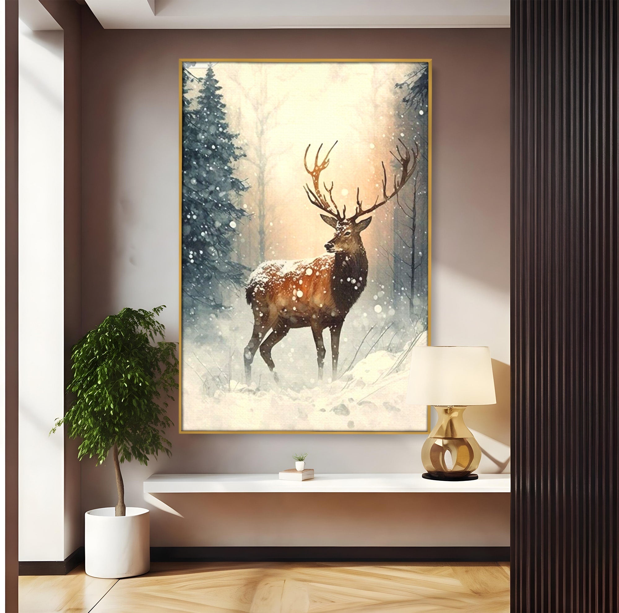 Tablou Canvas Premium LuxCanva® PI1084, Cerb In Zapada, Salbatic, Iarna, Natura, Zapada, Living, Dormitor, Culori Vibrante