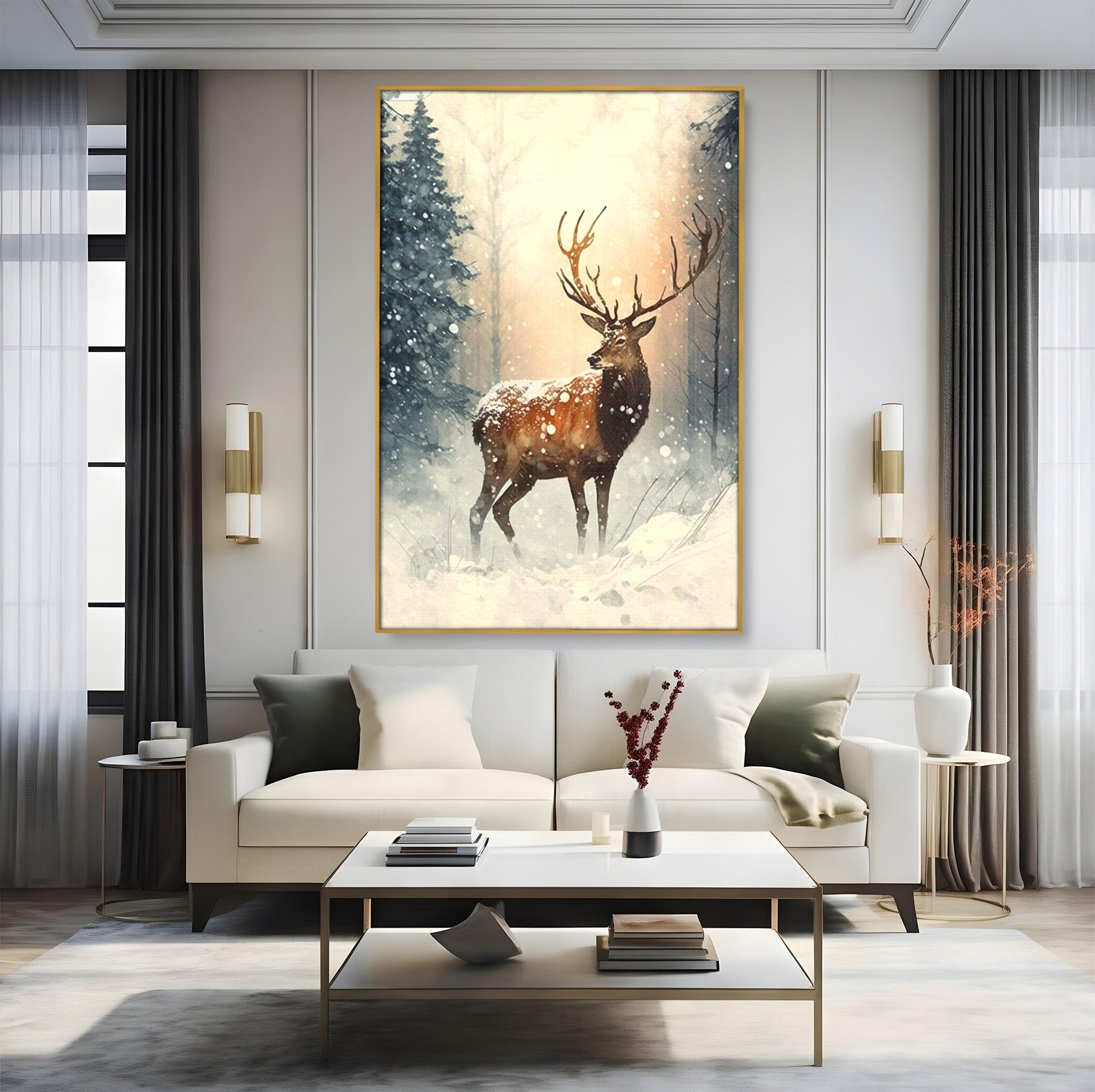 Tablou Canvas Premium LuxCanva® PI1084, Cerb In Zapada, Salbatic, Iarna, Natura, Zapada, Living, Dormitor, Culori Vibrante