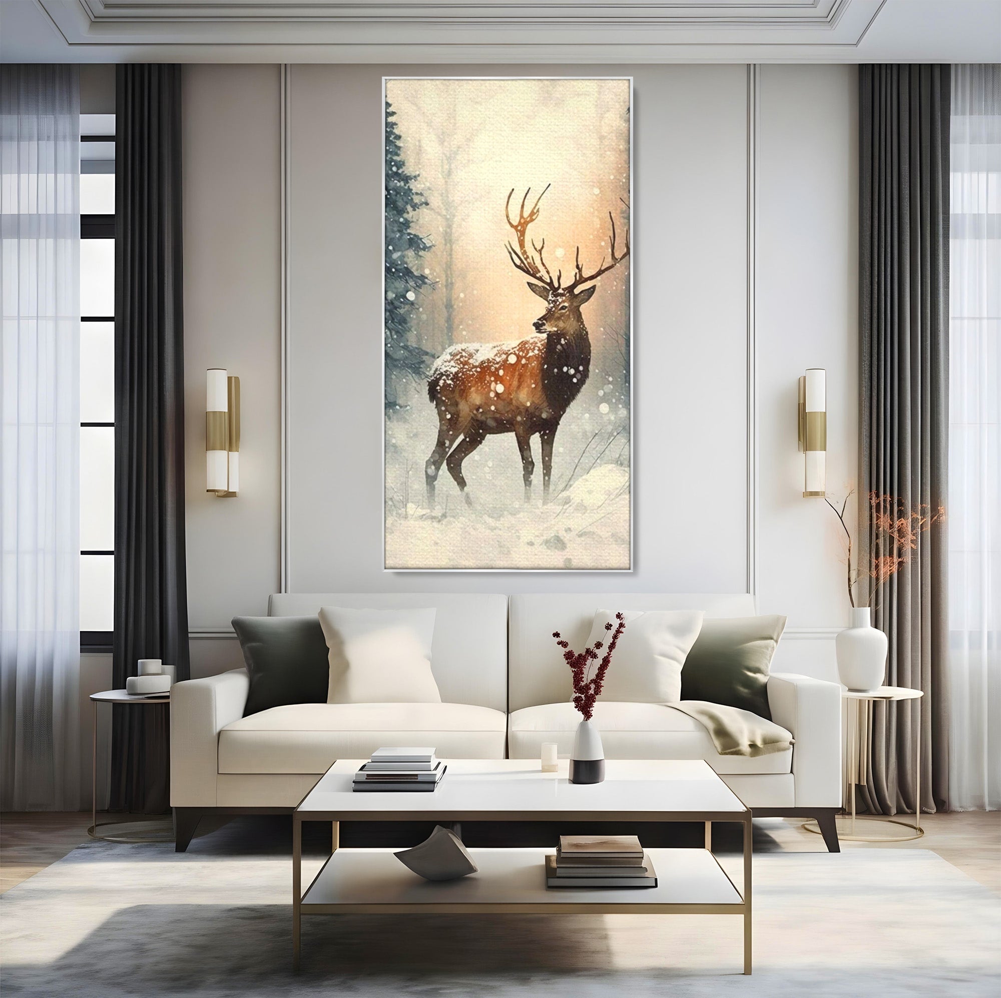 Tablou Canvas Premium LuxCanva® PI1084, Cerb In Zapada, Salbatic, Iarna, Natura, Zapada, Living, Dormitor, Culori Vibrante