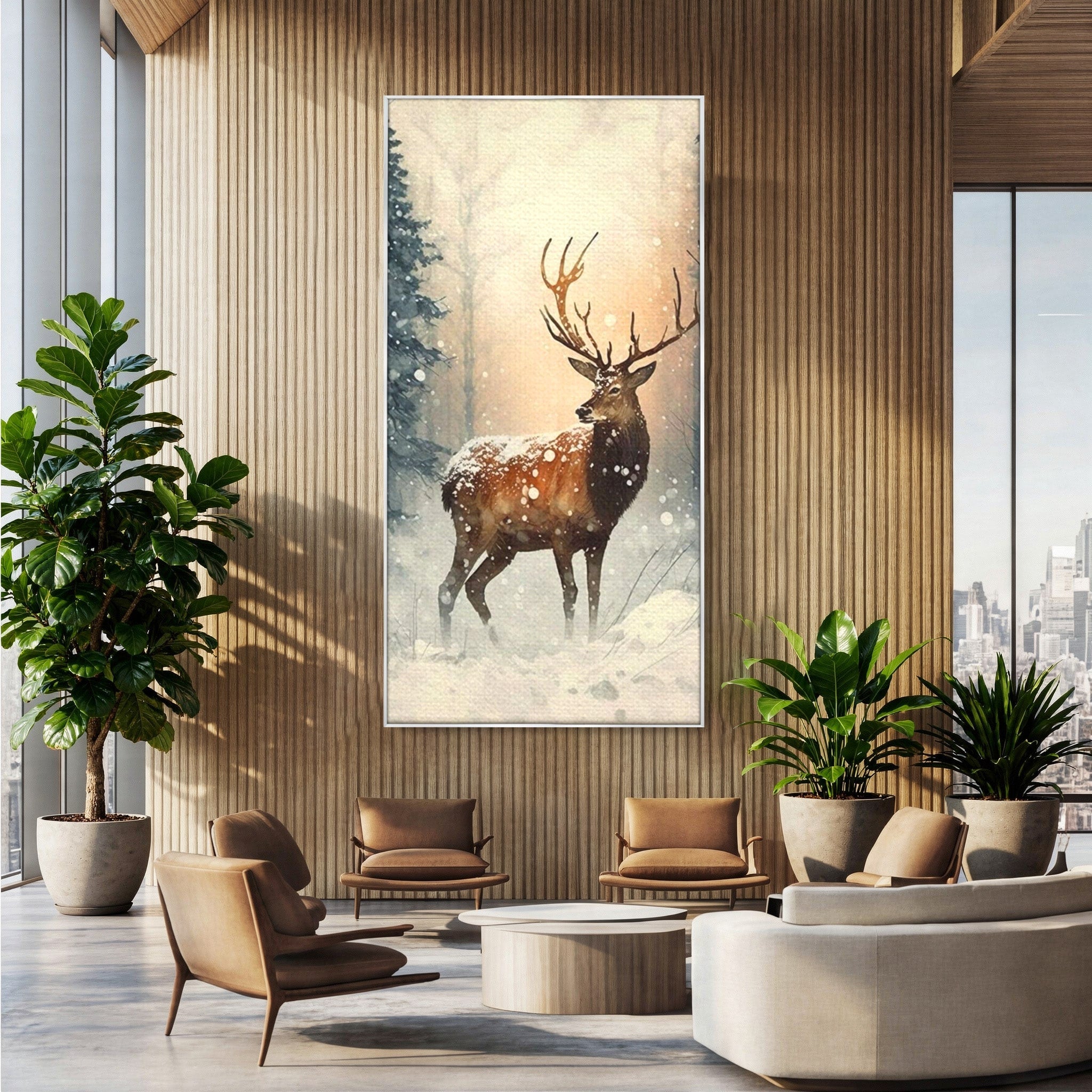 Tablou Canvas Premium LuxCanva® PI1084, Cerb In Zapada, Salbatic, Iarna, Natura, Zapada, Living, Dormitor, Culori Vibrante