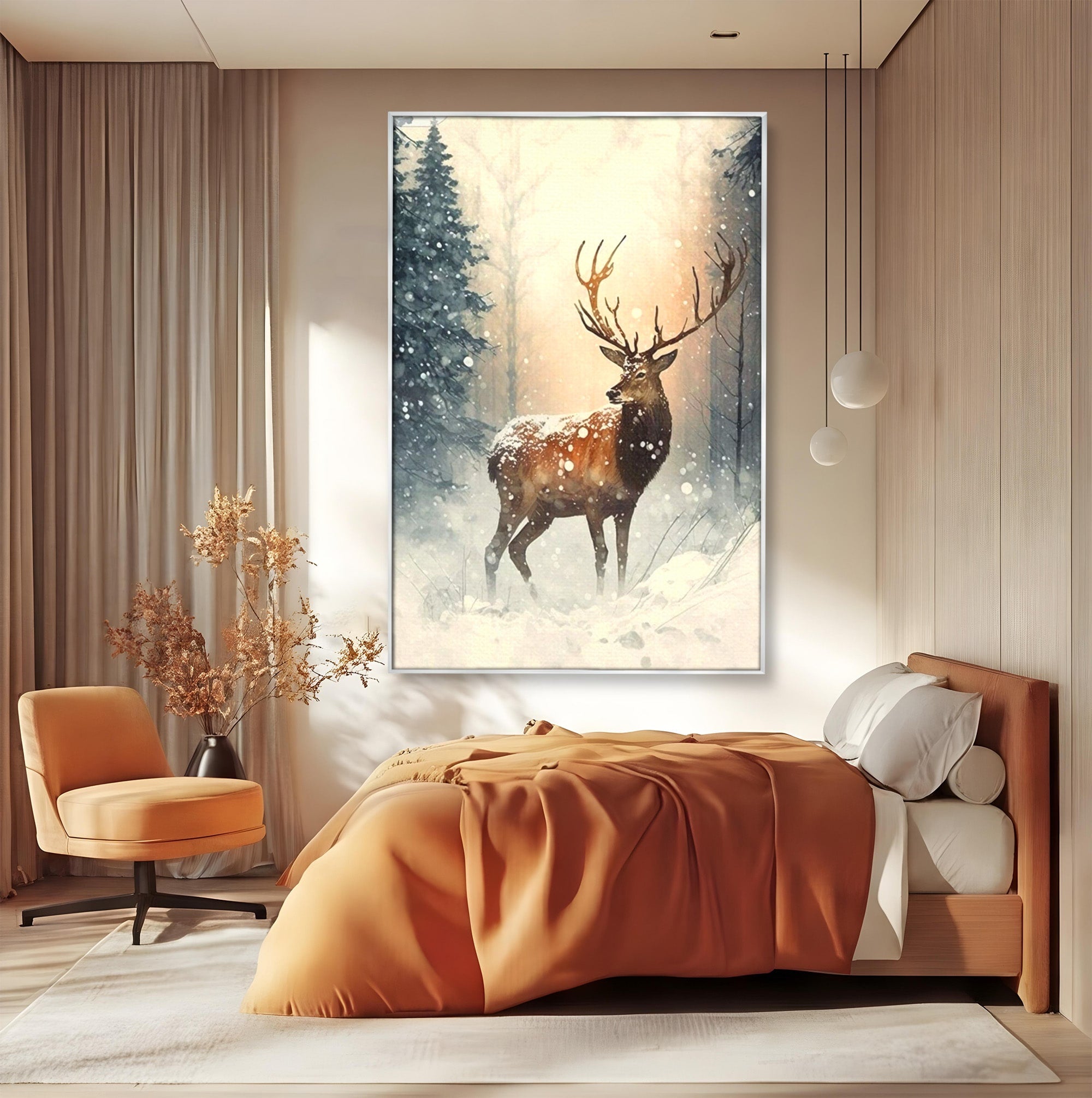Tablou Canvas Premium LuxCanva® PI1084, Cerb In Zapada, Salbatic, Iarna, Natura, Zapada, Living, Dormitor, Culori Vibrante