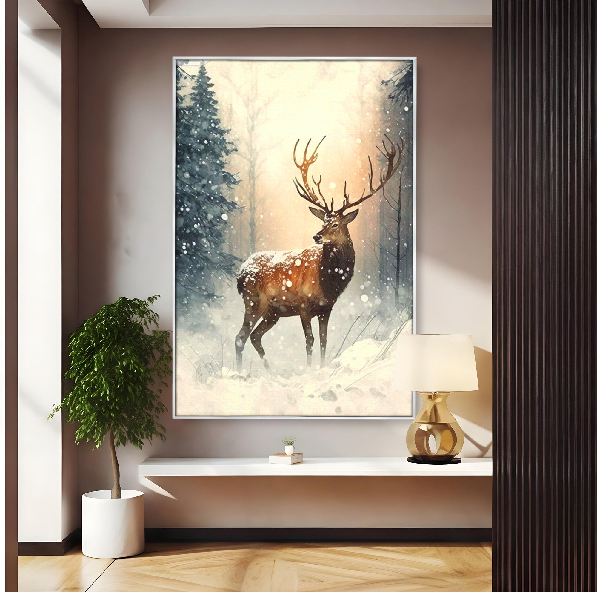 Tablou Canvas Premium LuxCanva® PI1084, Cerb In Zapada, Salbatic, Iarna, Natura, Zapada, Living, Dormitor, Culori Vibrante