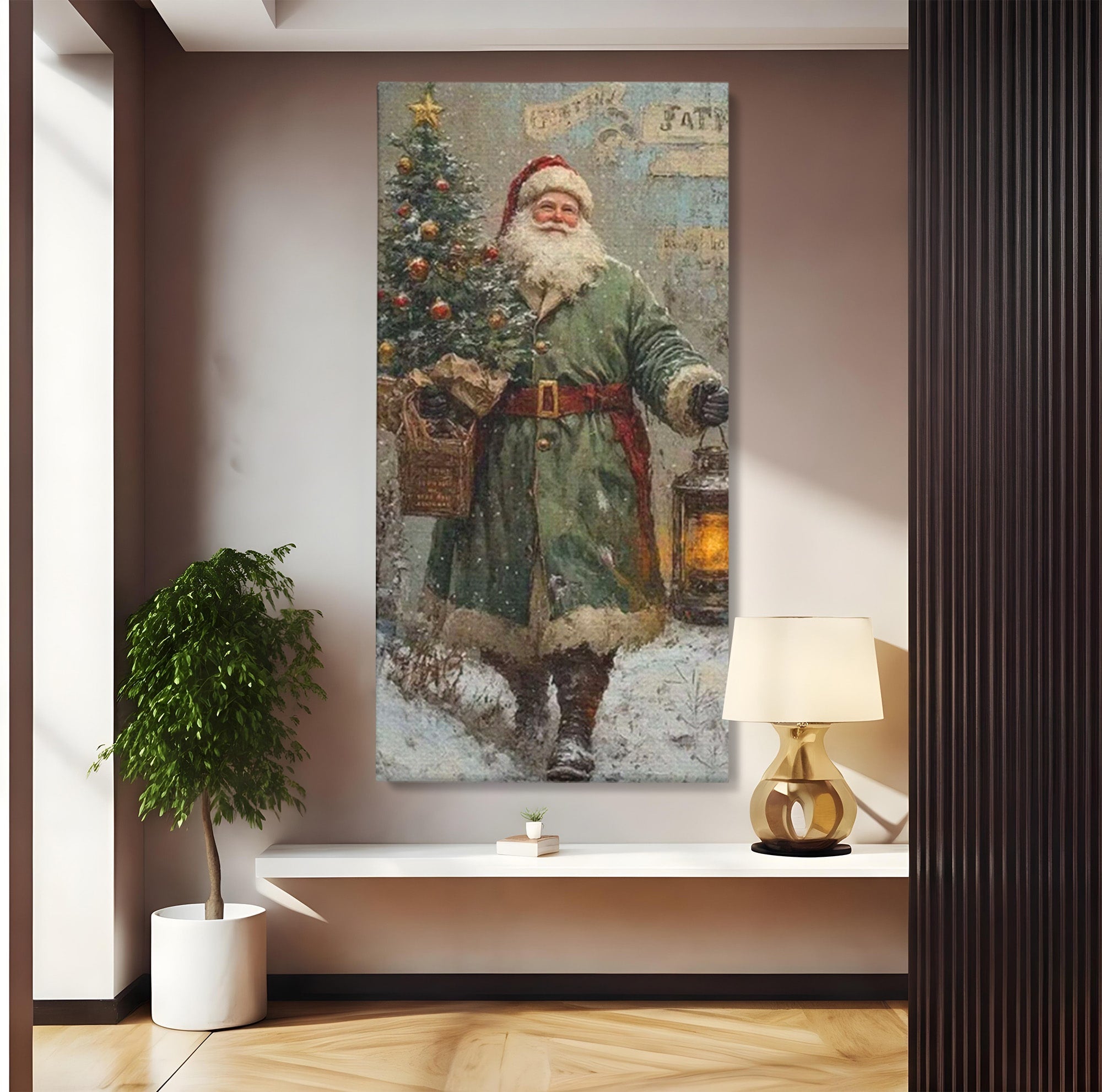 Tablou Canvas Premium LuxCanva® PI1086, Mos Craciun Cu Felinar, Santa, Iarna, Brad, Sarbatori, Nostalgie, Living, Dormitor, Culori Vibrante
