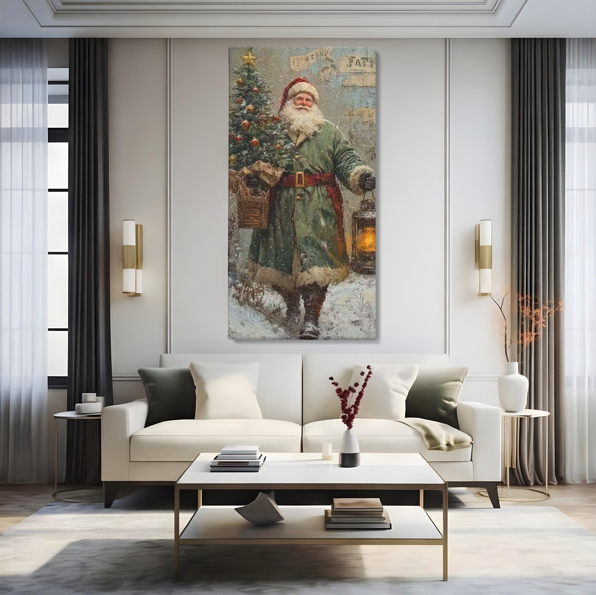Tablou Canvas Premium LuxCanva® PI1086, Mos Craciun Cu Felinar, Santa, Iarna, Brad, Sarbatori, Nostalgie, Living, Dormitor, Culori Vibrante