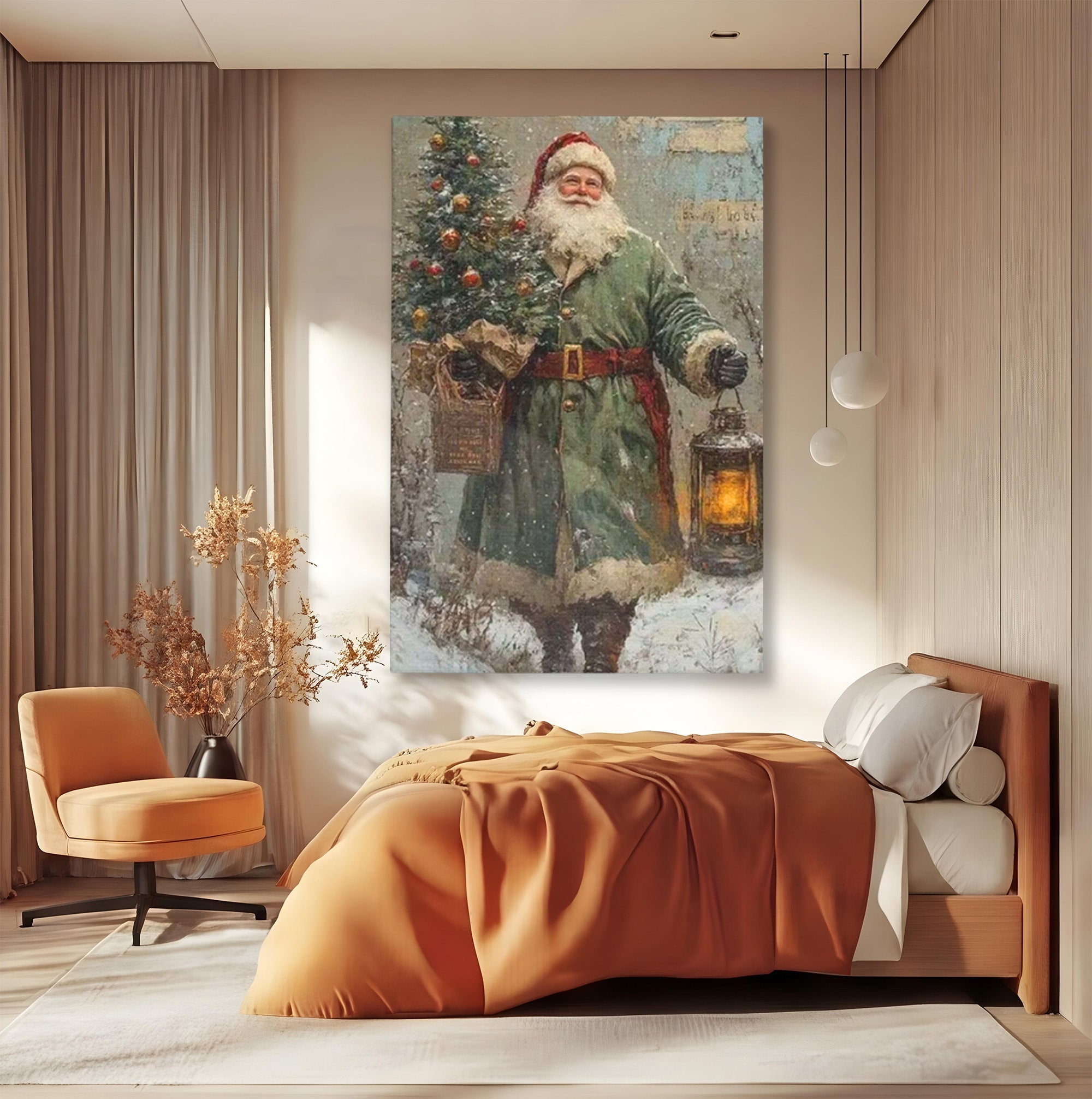 Tablou Canvas Premium LuxCanva® PI1086, Mos Craciun Cu Felinar, Santa, Iarna, Brad, Sarbatori, Nostalgie, Living, Dormitor, Culori Vibrante