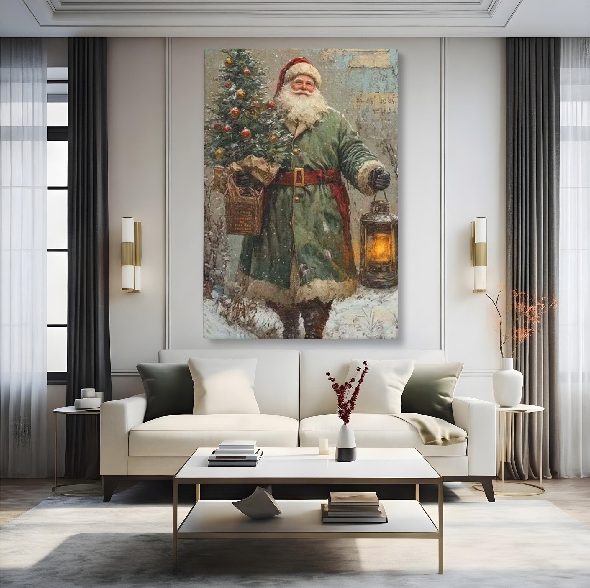 Tablou Canvas Premium LuxCanva® PI1086, Mos Craciun Cu Felinar, Santa, Iarna, Brad, Sarbatori, Nostalgie, Living, Dormitor, Culori Vibrante