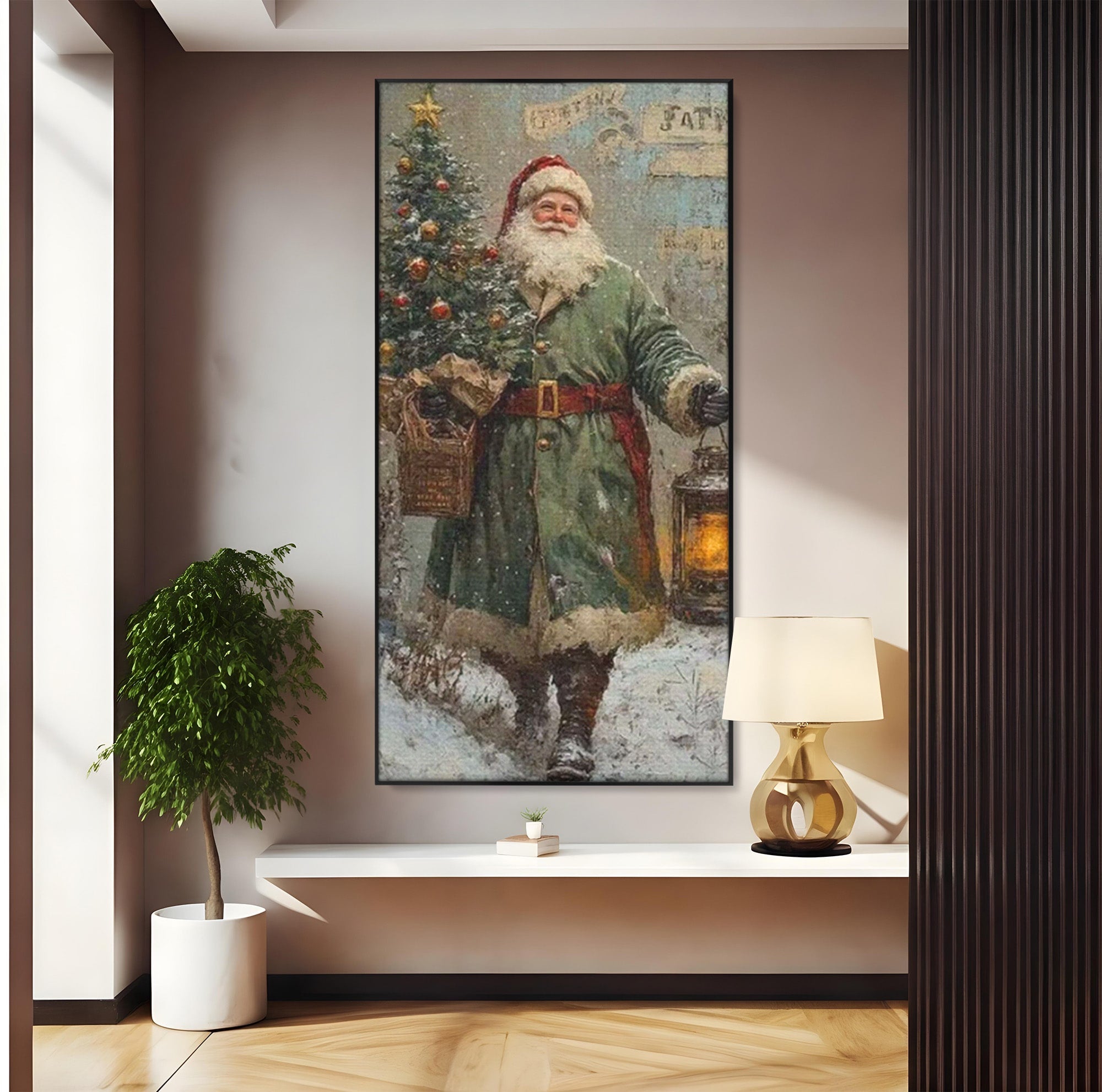 Tablou Canvas Premium LuxCanva® PI1086, Mos Craciun Cu Felinar, Santa, Iarna, Brad, Sarbatori, Nostalgie, Living, Dormitor, Culori Vibrante