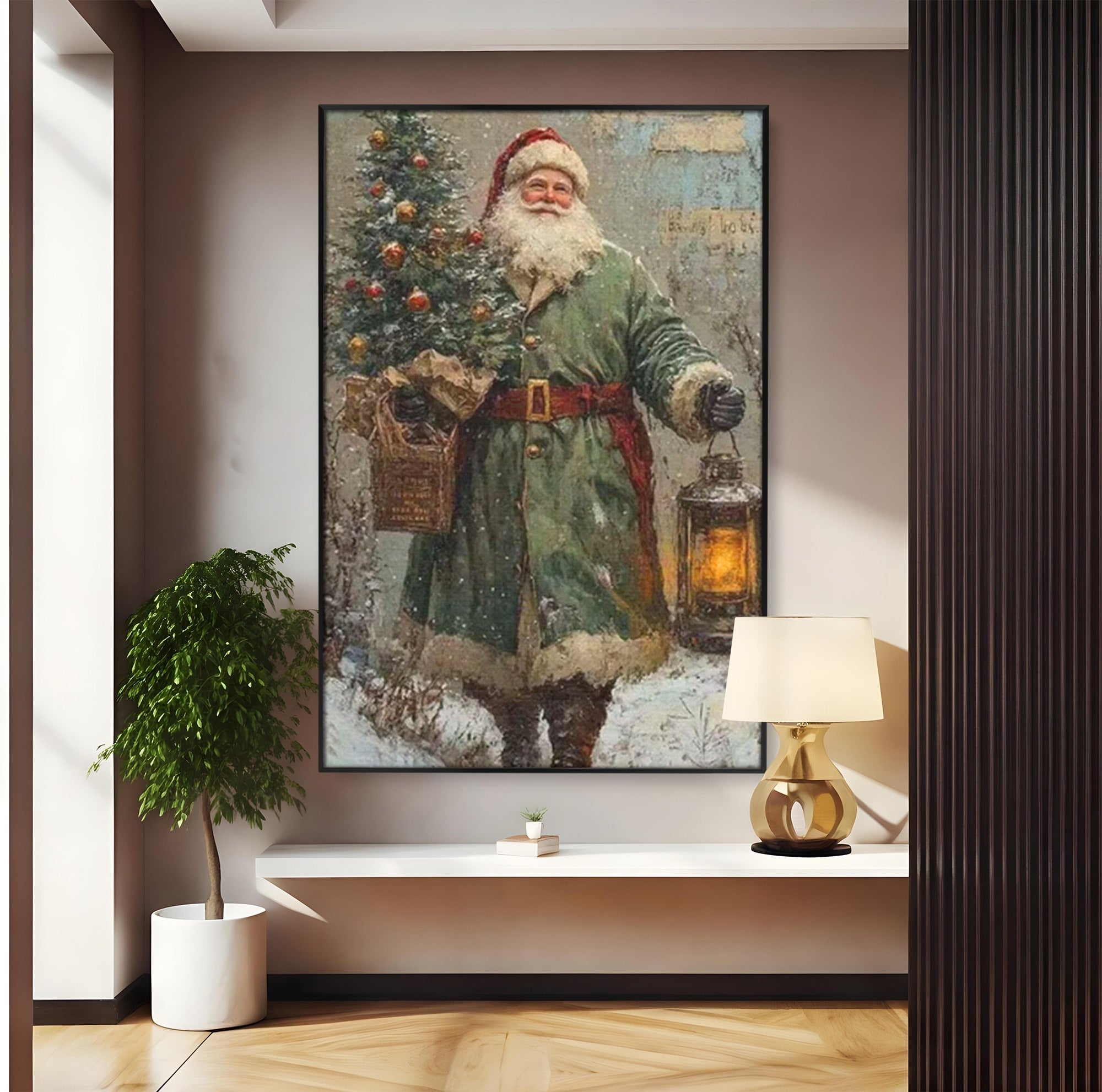 Tablou Canvas Premium LuxCanva® PI1086, Mos Craciun Cu Felinar, Santa, Iarna, Brad, Sarbatori, Nostalgie, Living, Dormitor, Culori Vibrante