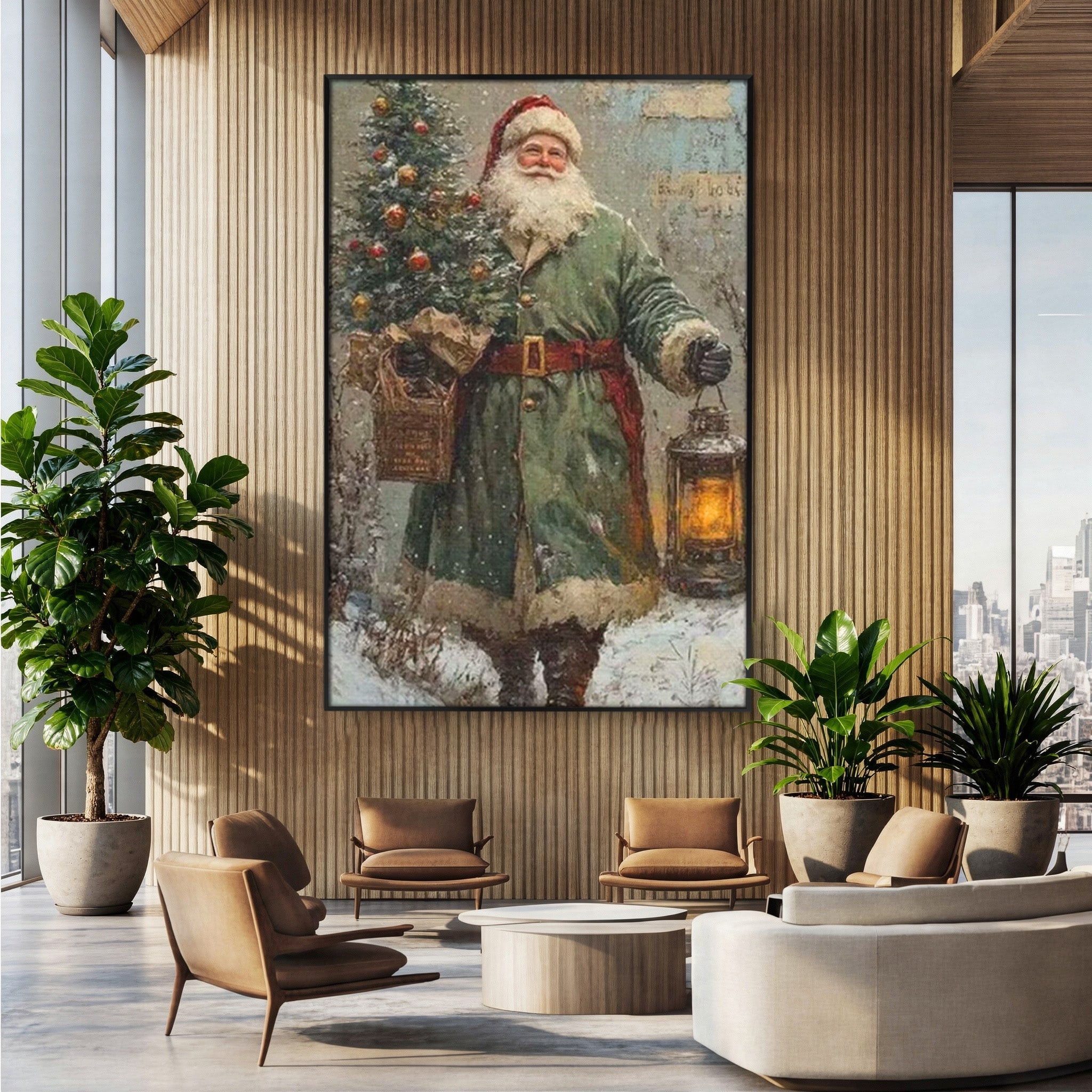 Tablou Canvas Premium LuxCanva® PI1086, Mos Craciun Cu Felinar, Santa, Iarna, Brad, Sarbatori, Nostalgie, Living, Dormitor, Culori Vibrante