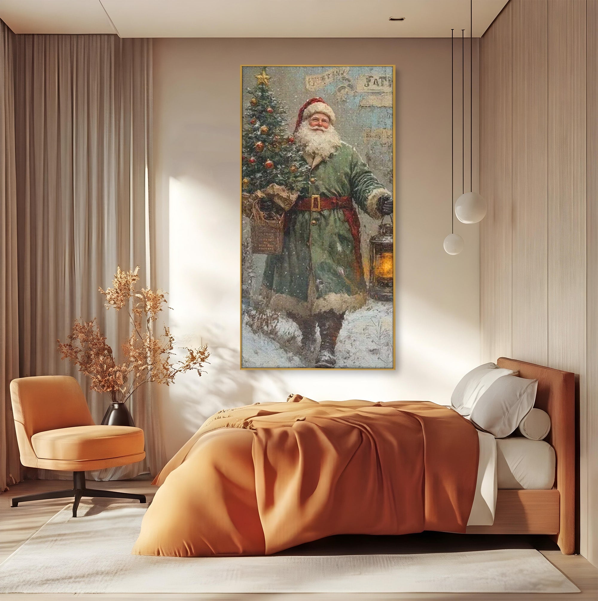 Tablou Canvas Premium LuxCanva® PI1086, Mos Craciun Cu Felinar, Santa, Iarna, Brad, Sarbatori, Nostalgie, Living, Dormitor, Culori Vibrante