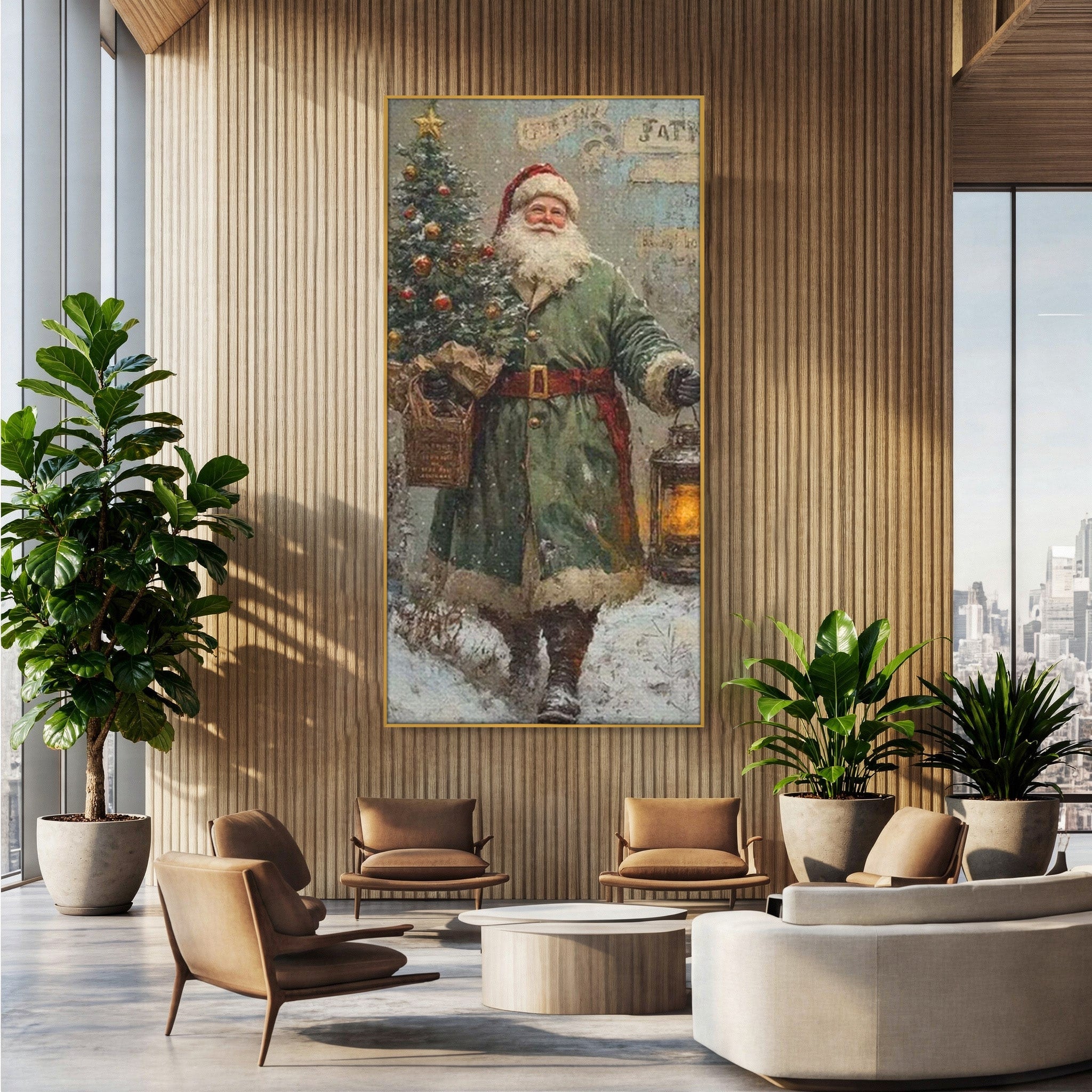 Tablou Canvas Premium LuxCanva® PI1086, Mos Craciun Cu Felinar, Santa, Iarna, Brad, Sarbatori, Nostalgie, Living, Dormitor, Culori Vibrante